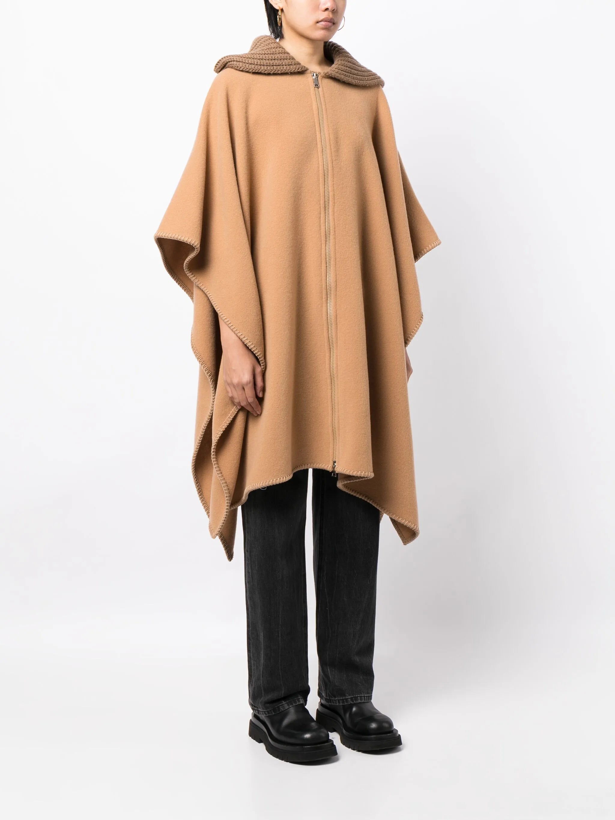 ribbed-collar wool cape coat
