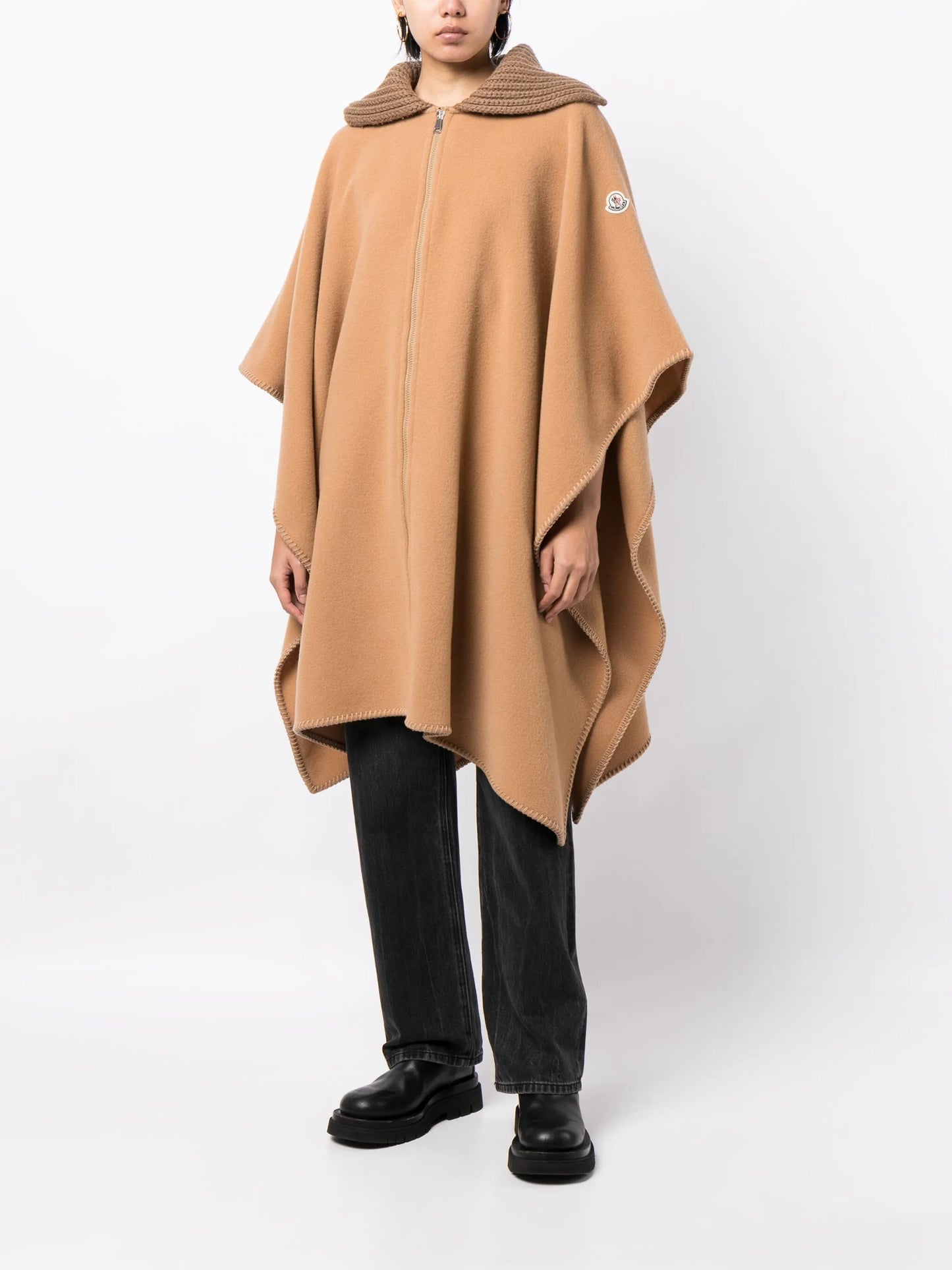 ribbed-collar wool cape coat