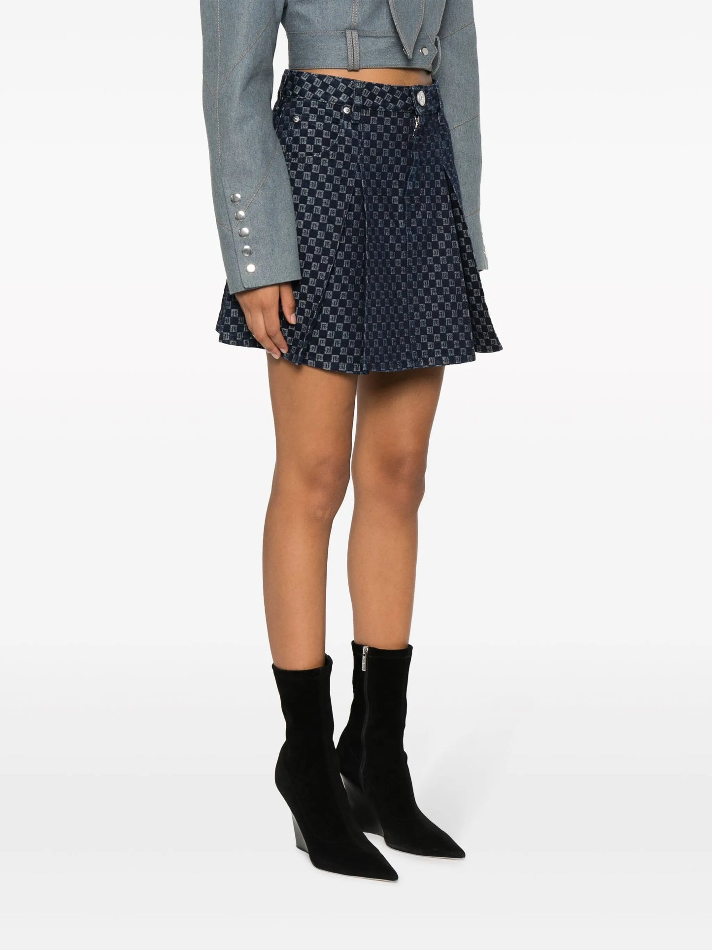 pleated monogram-jacquard denim miniskirt
