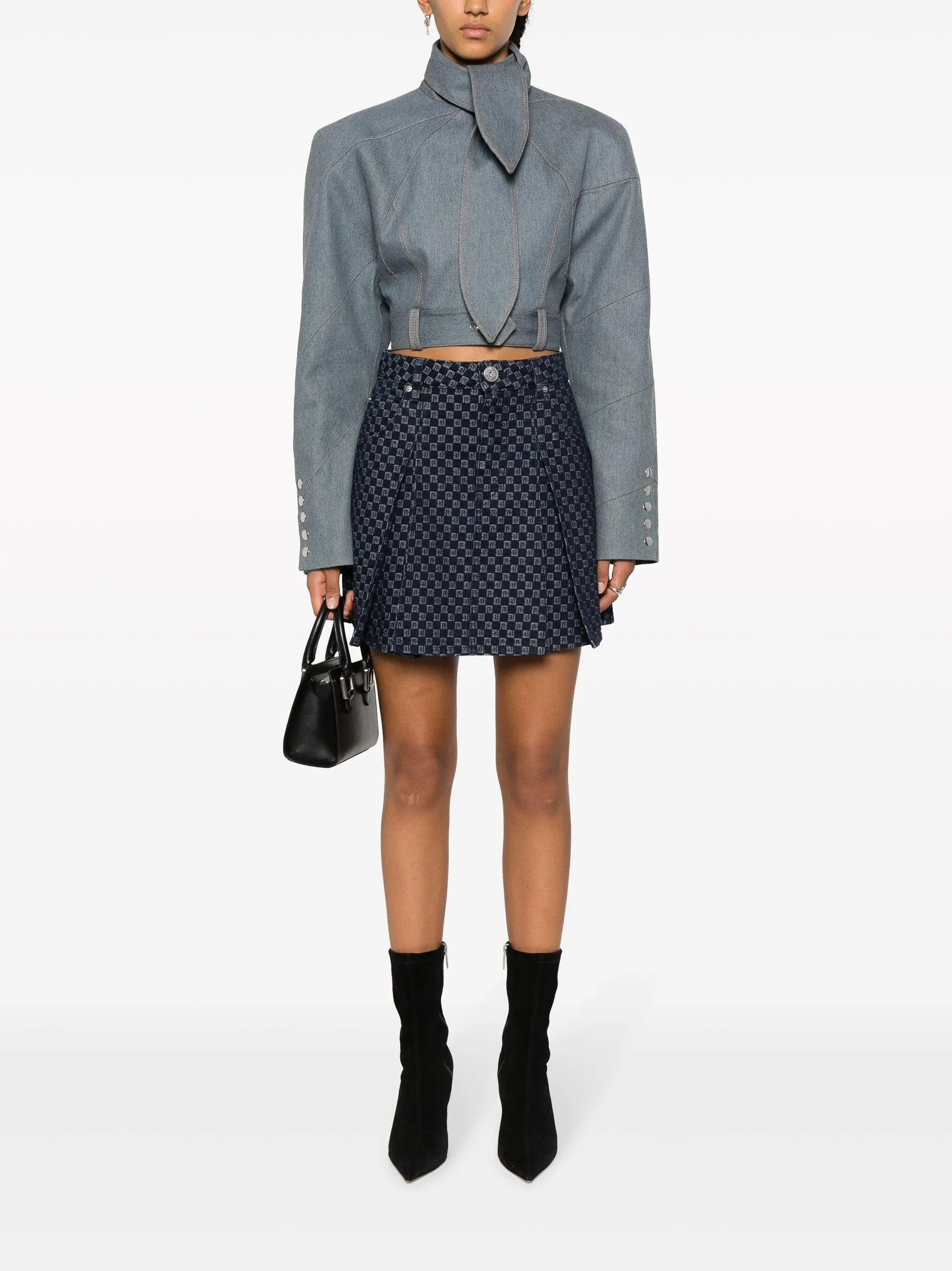 pleated monogram-jacquard denim miniskirt