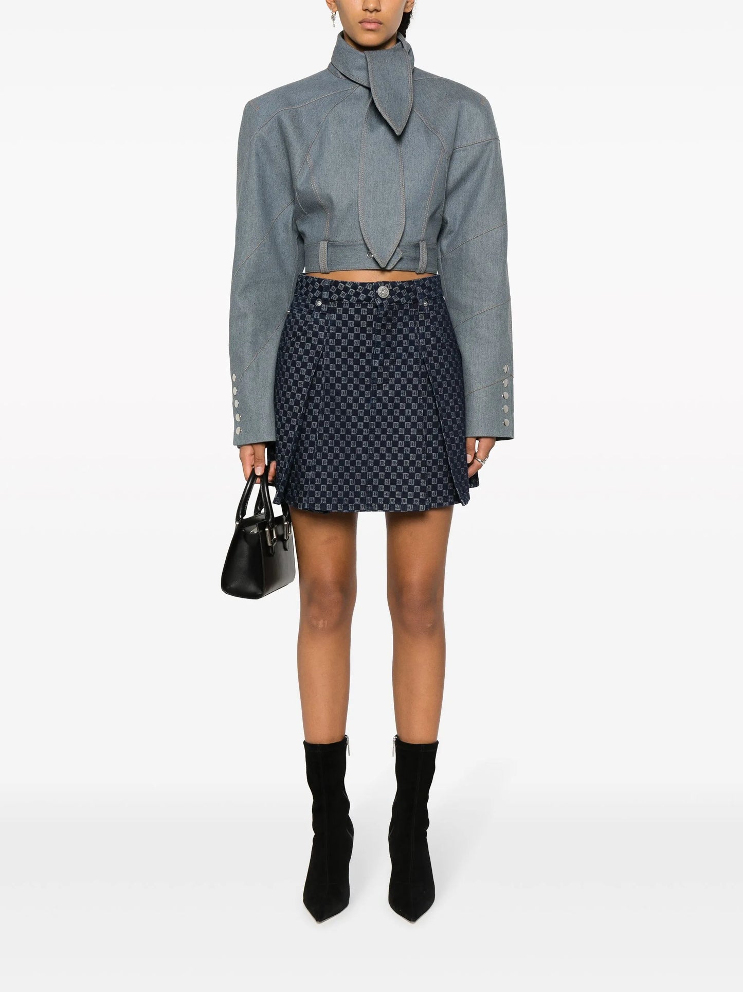 pleated monogram-jacquard denim miniskirt
