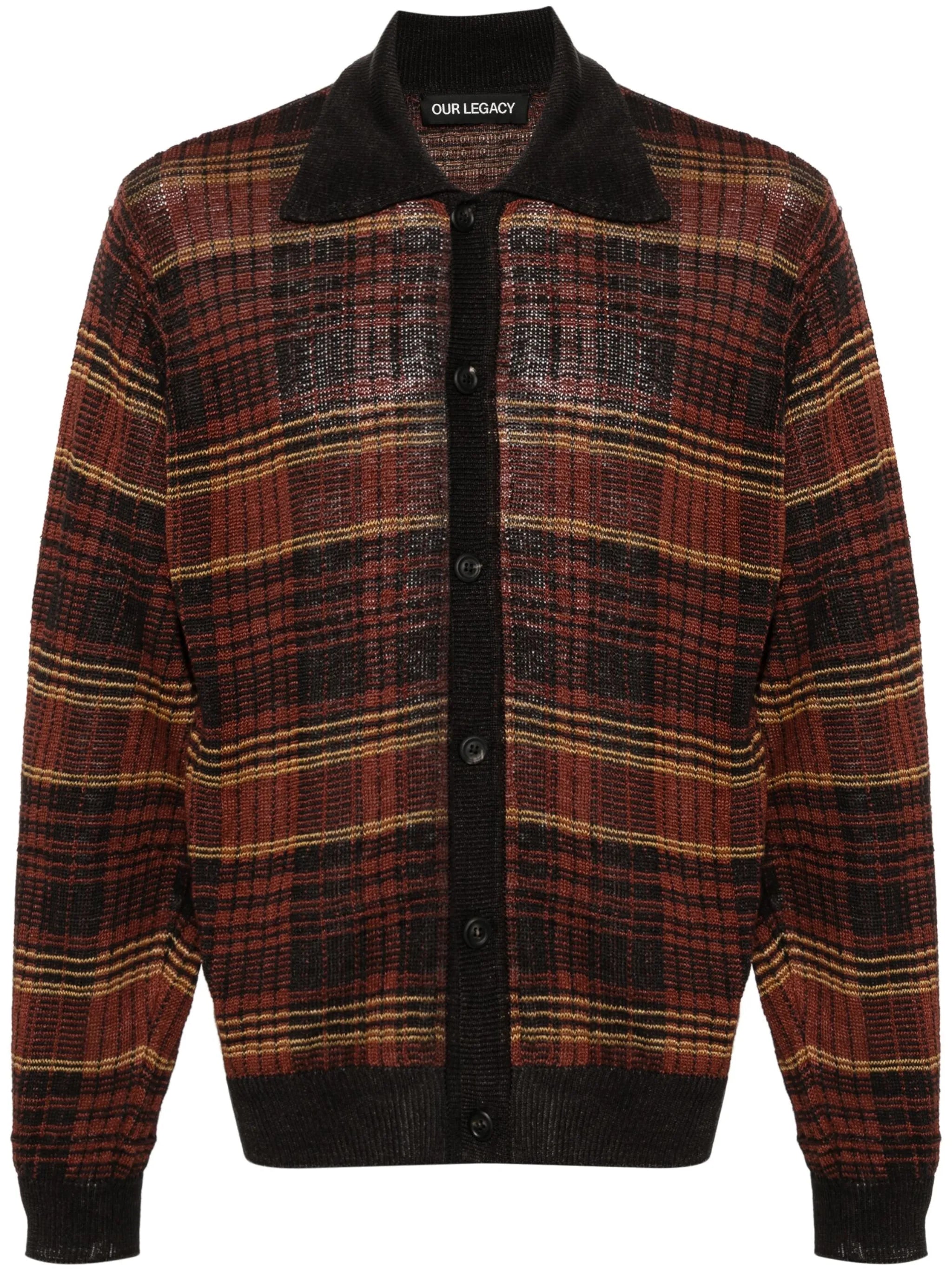 checked intarsia-knit hemp cardigan