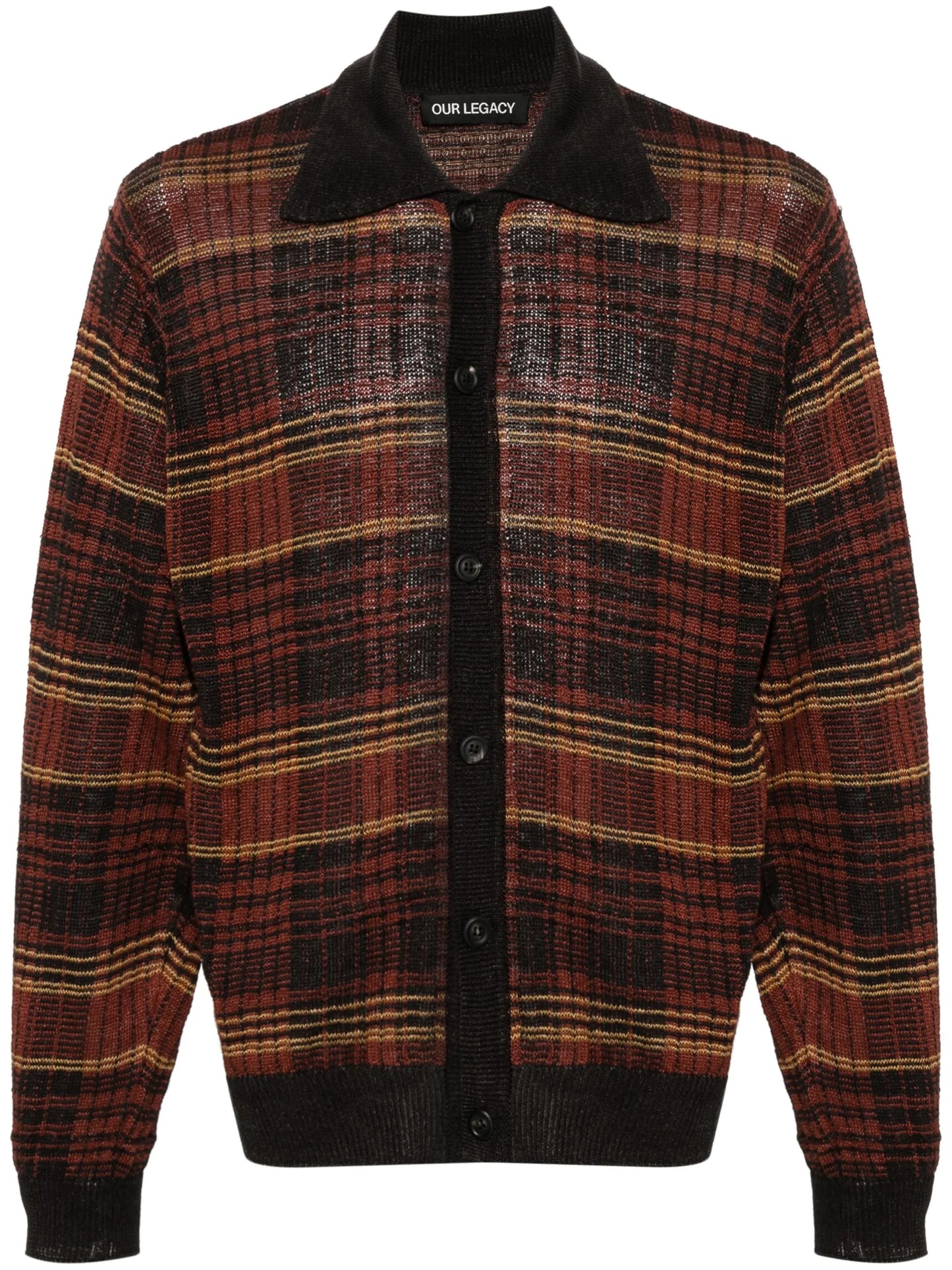 checked intarsia-knit hemp cardigan
