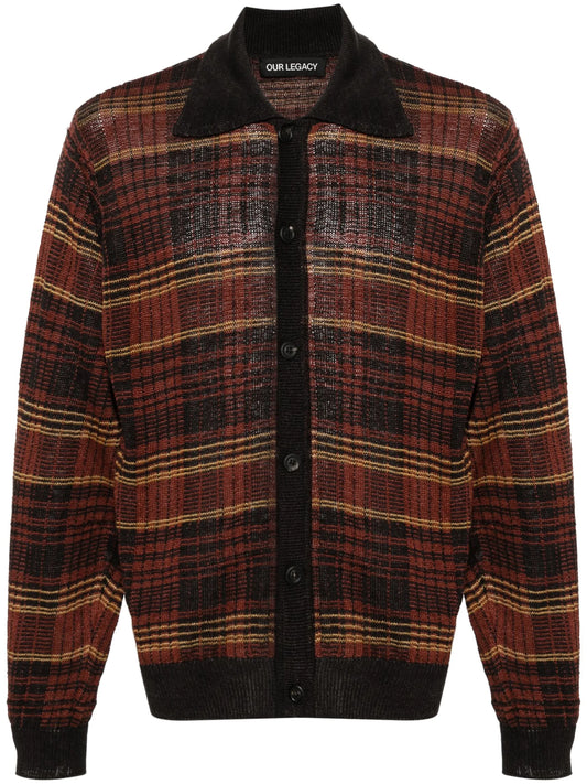 checked intarsia-knit hemp cardigan