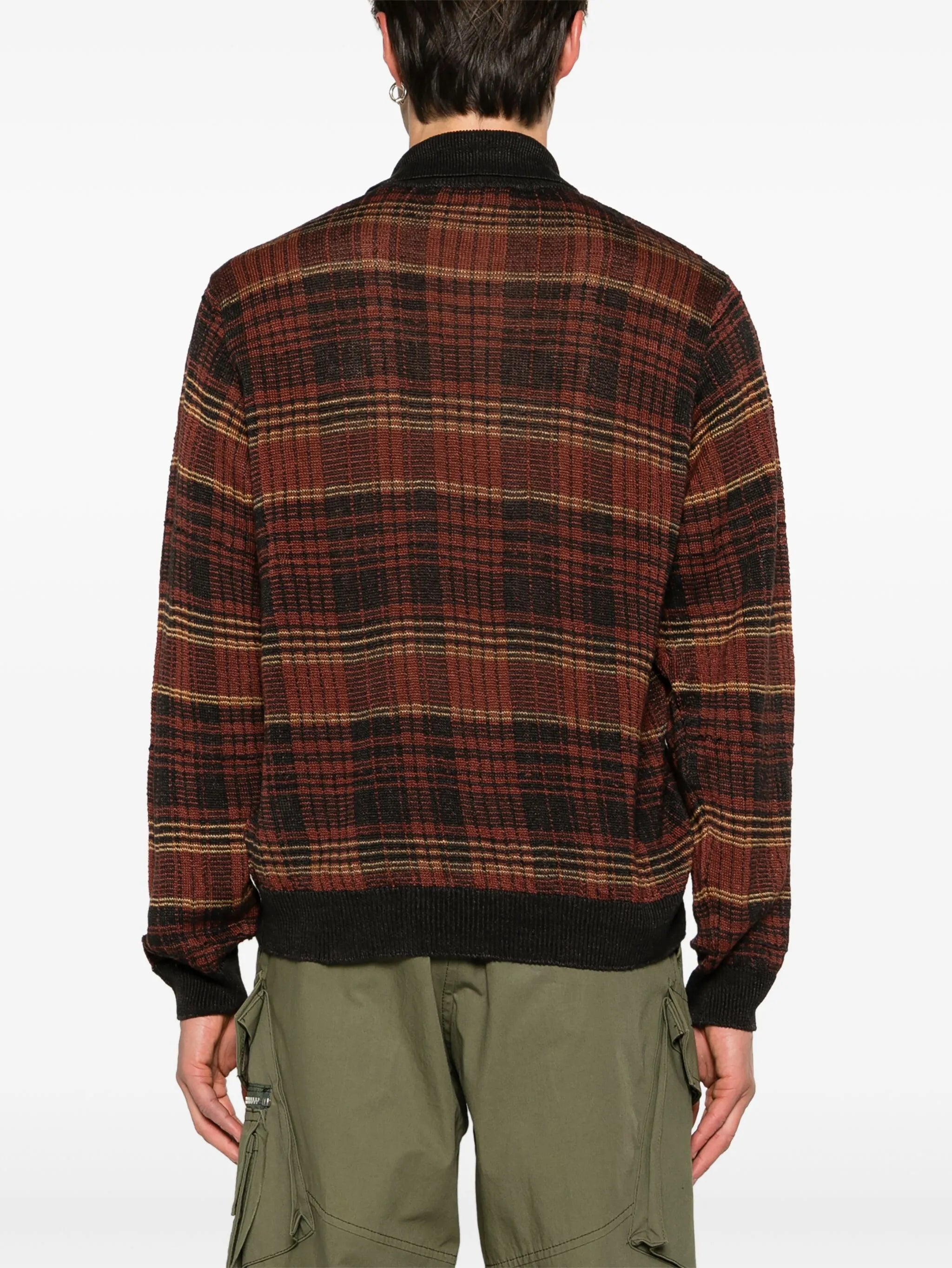 checked intarsia-knit hemp cardigan