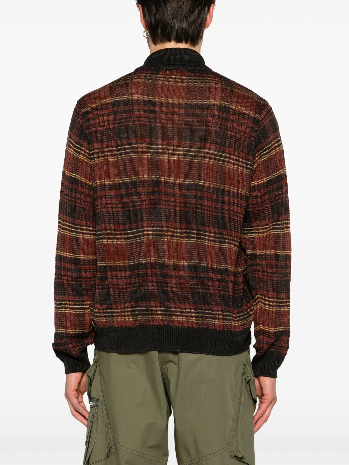 checked intarsia-knit hemp cardigan