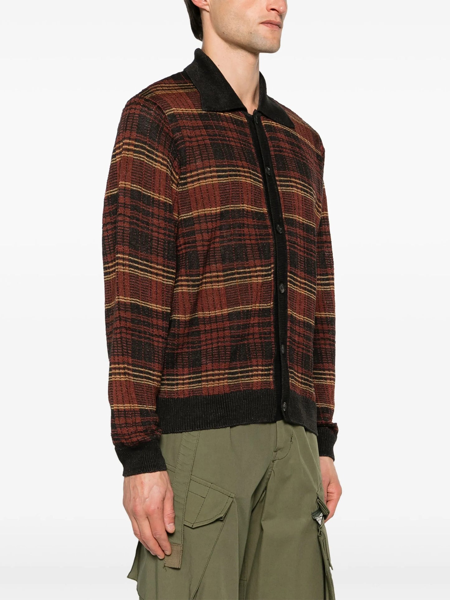 checked intarsia-knit hemp cardigan