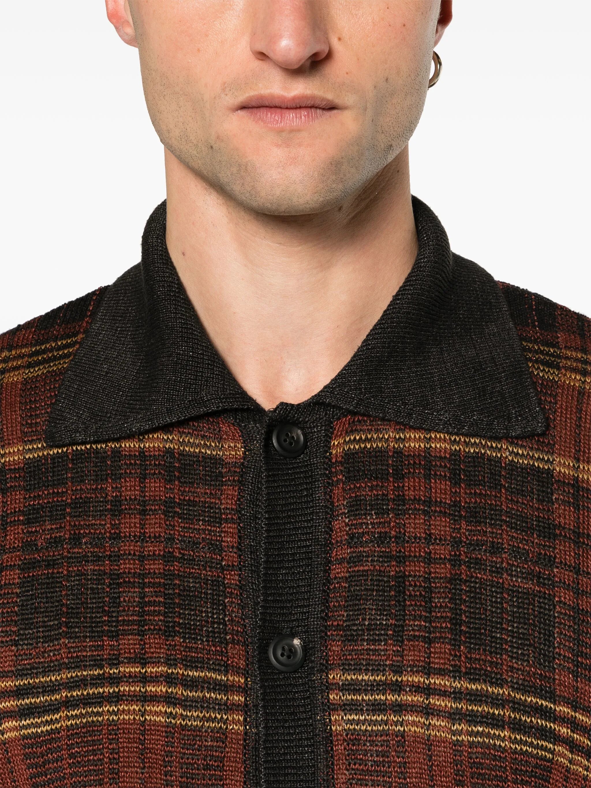 checked intarsia-knit hemp cardigan