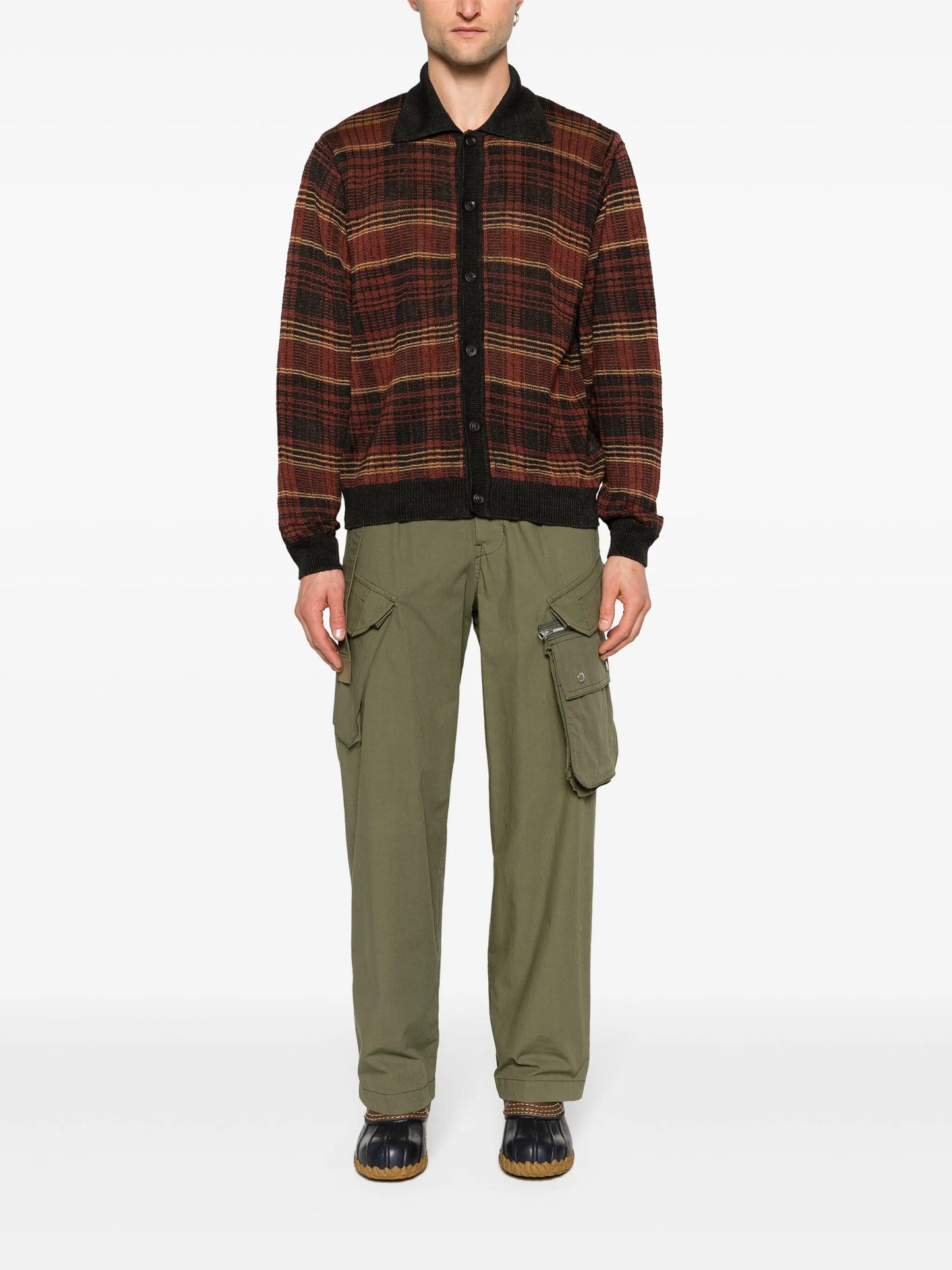 checked intarsia-knit hemp cardigan