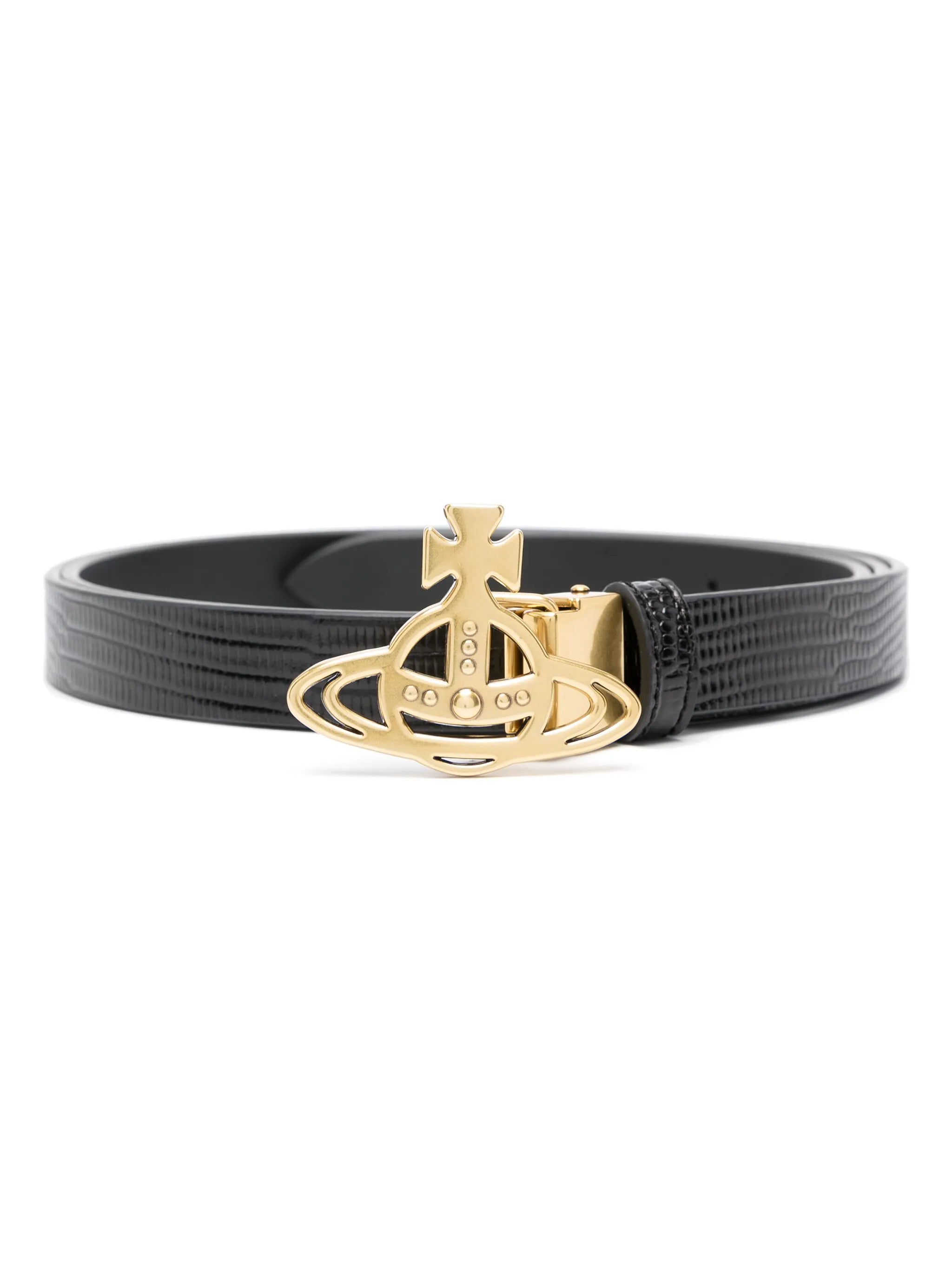 Orb-buckle leather belt
