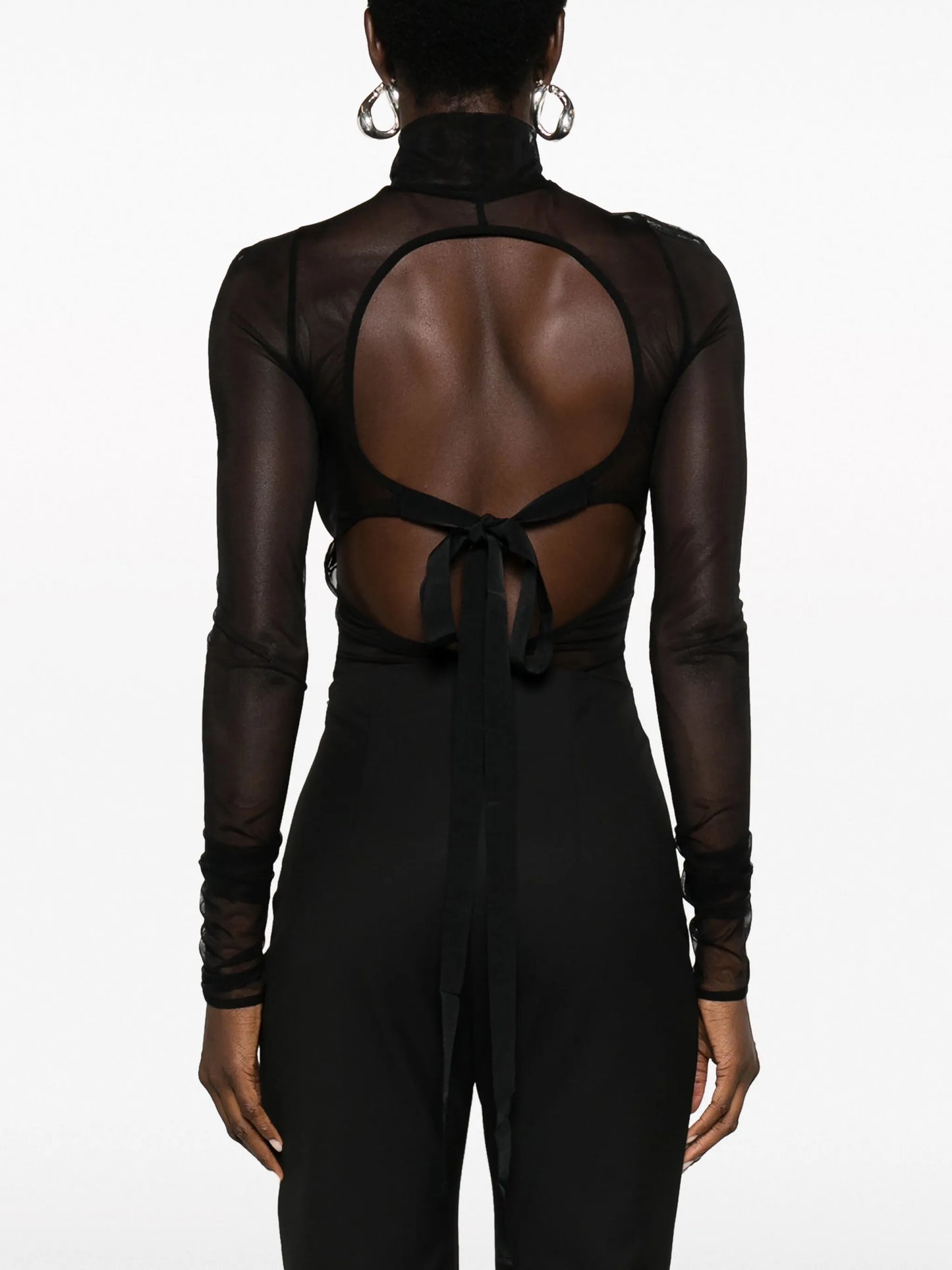 open-back roll-neck sheer top