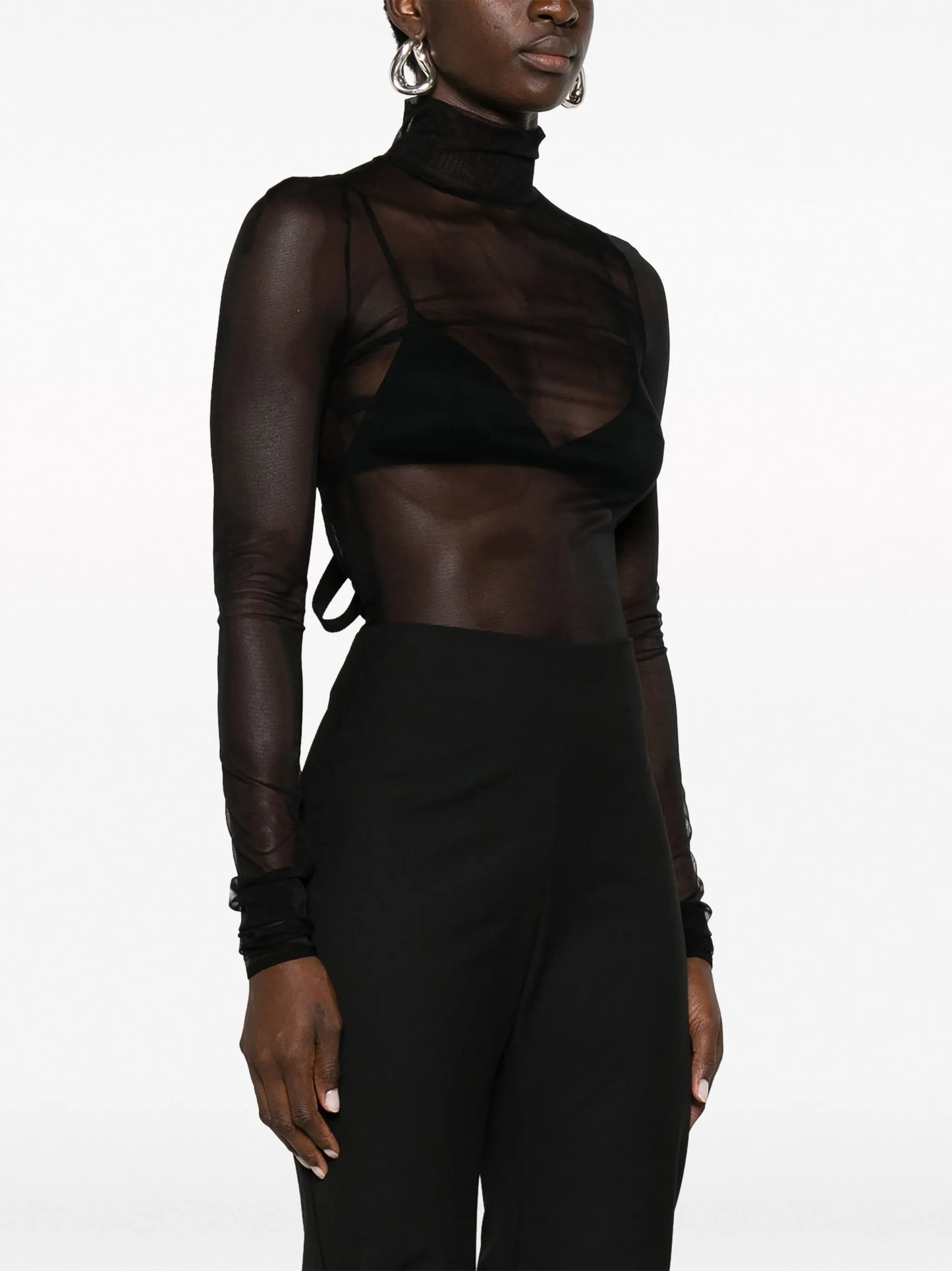open-back roll-neck sheer top