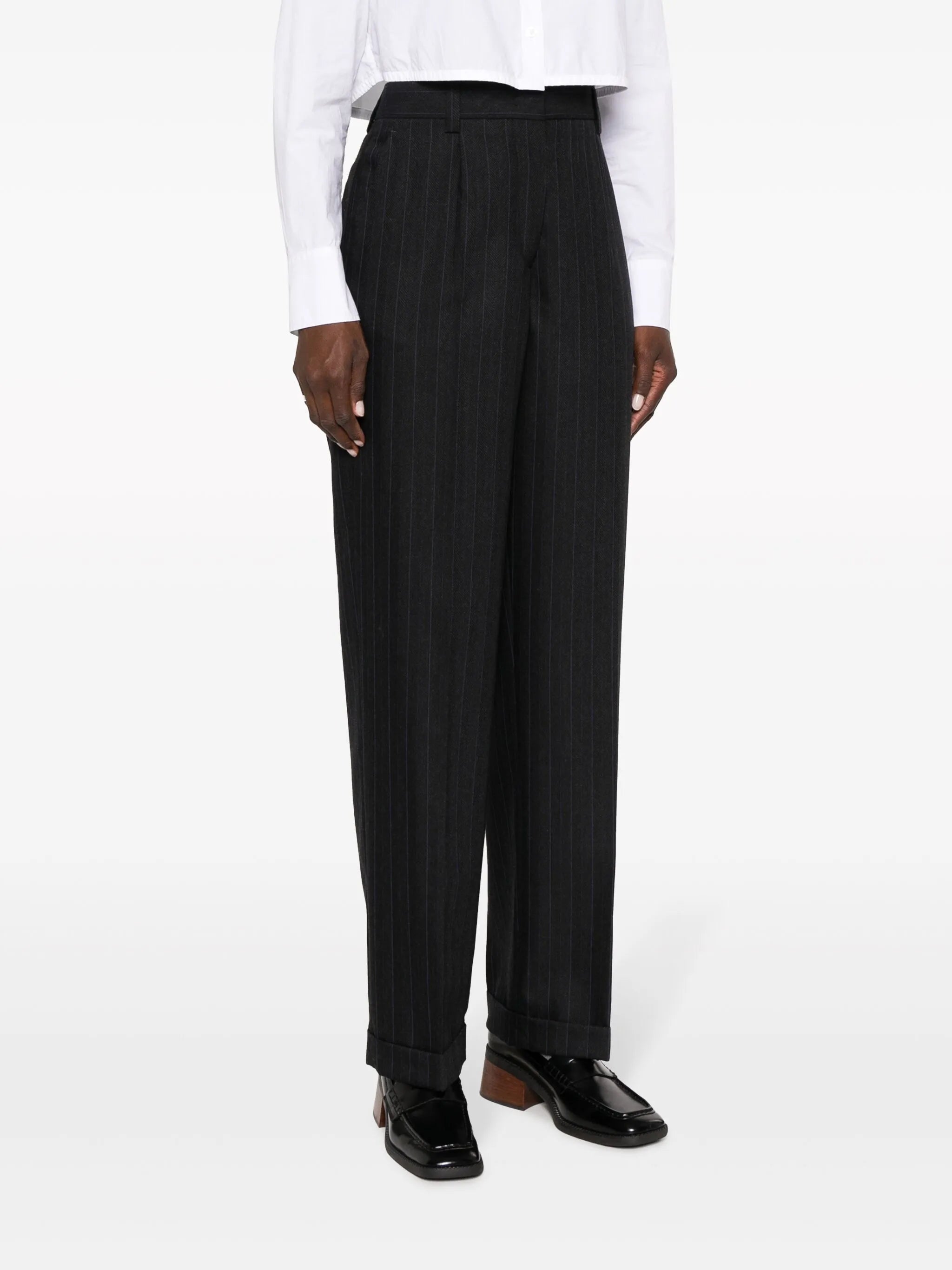 pinstripe herringbone wool trousers