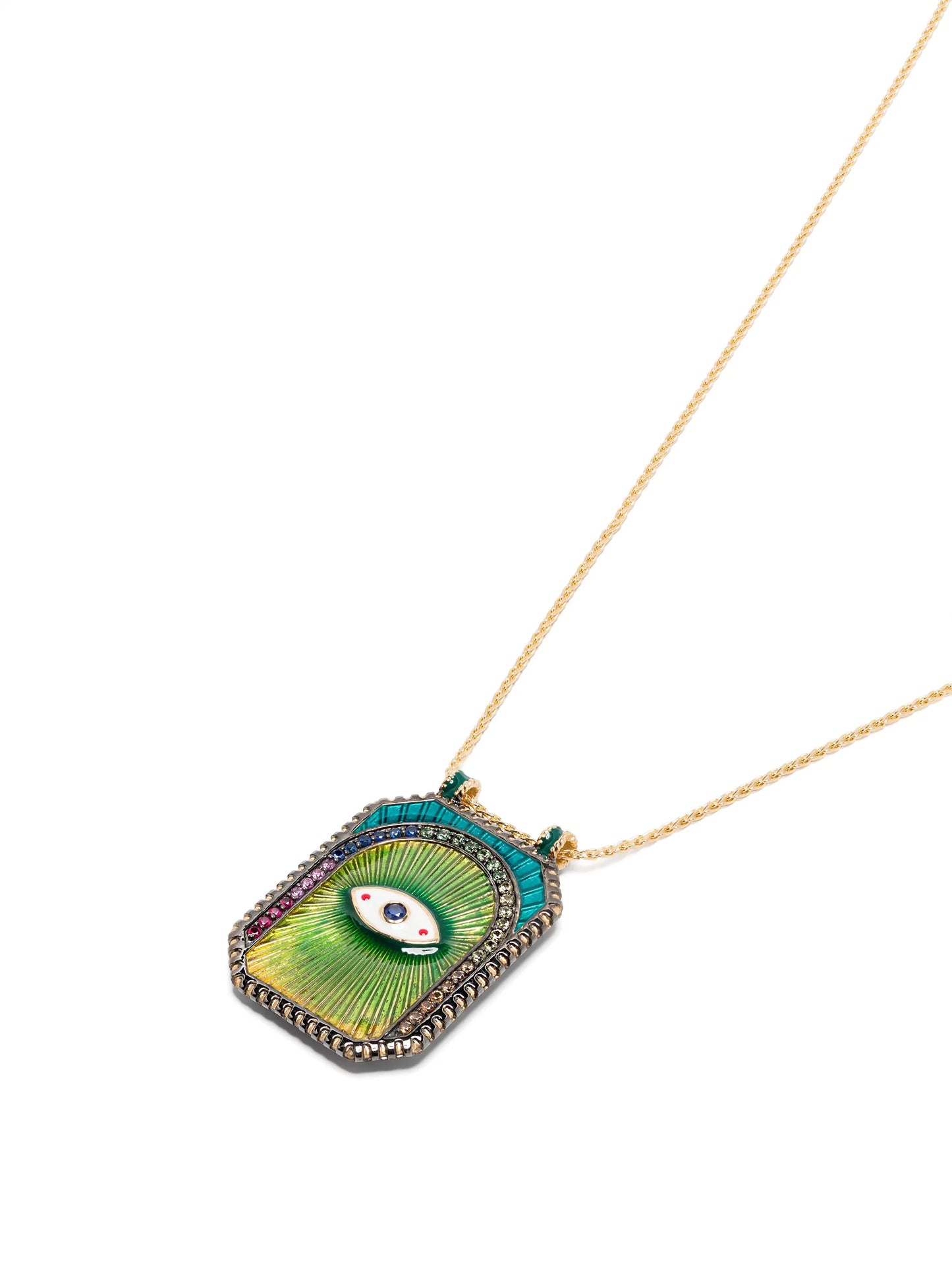 18kt yellow gold diamonds and sapphires evil eye pendant necklace