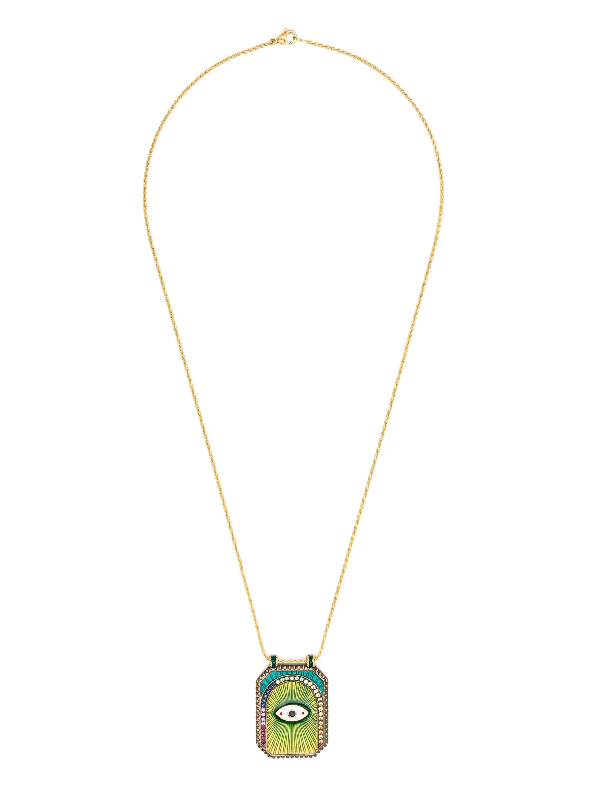 18kt yellow gold diamonds and sapphires evil eye pendant necklace