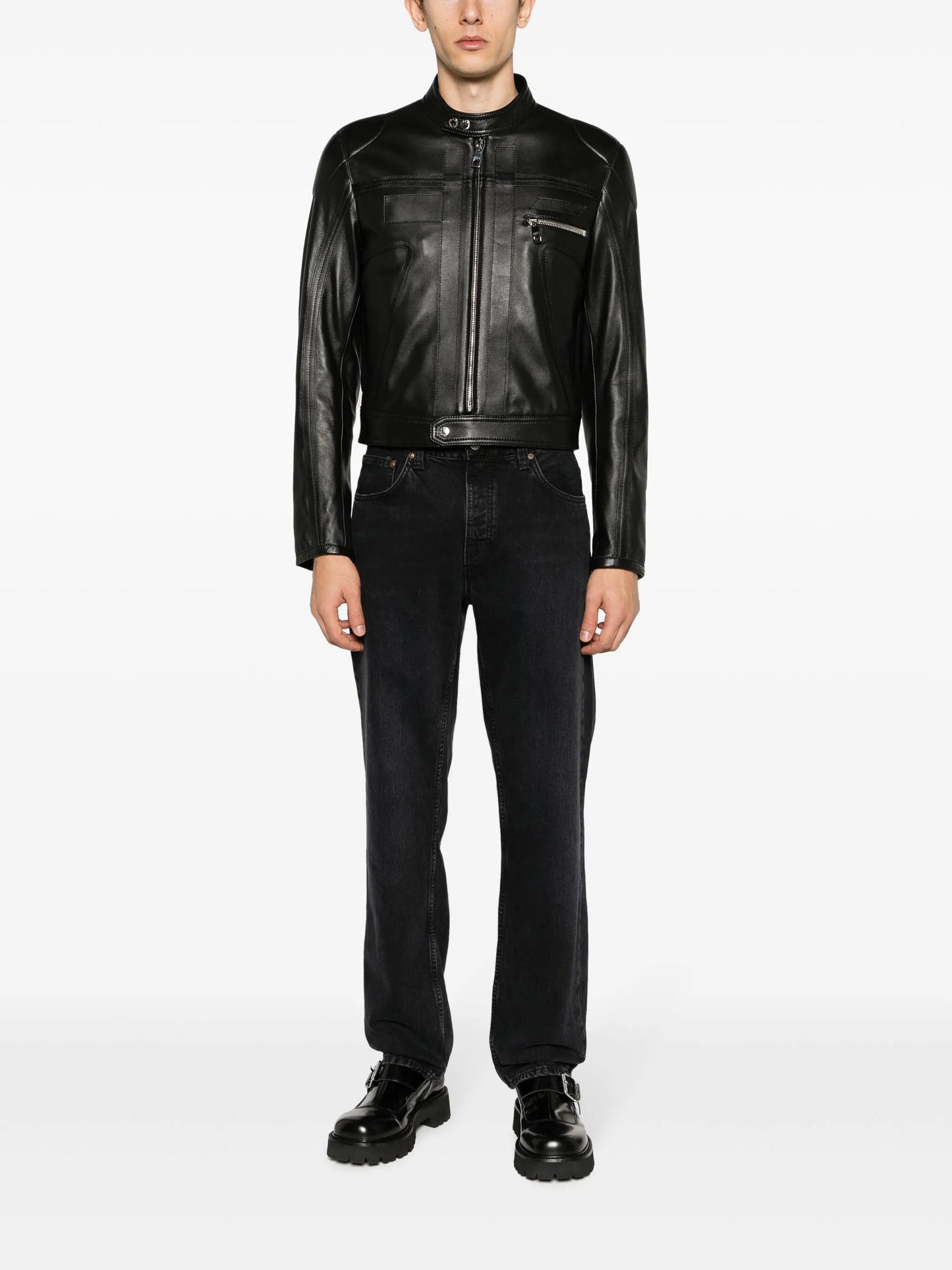 zip-up leather biker jacket