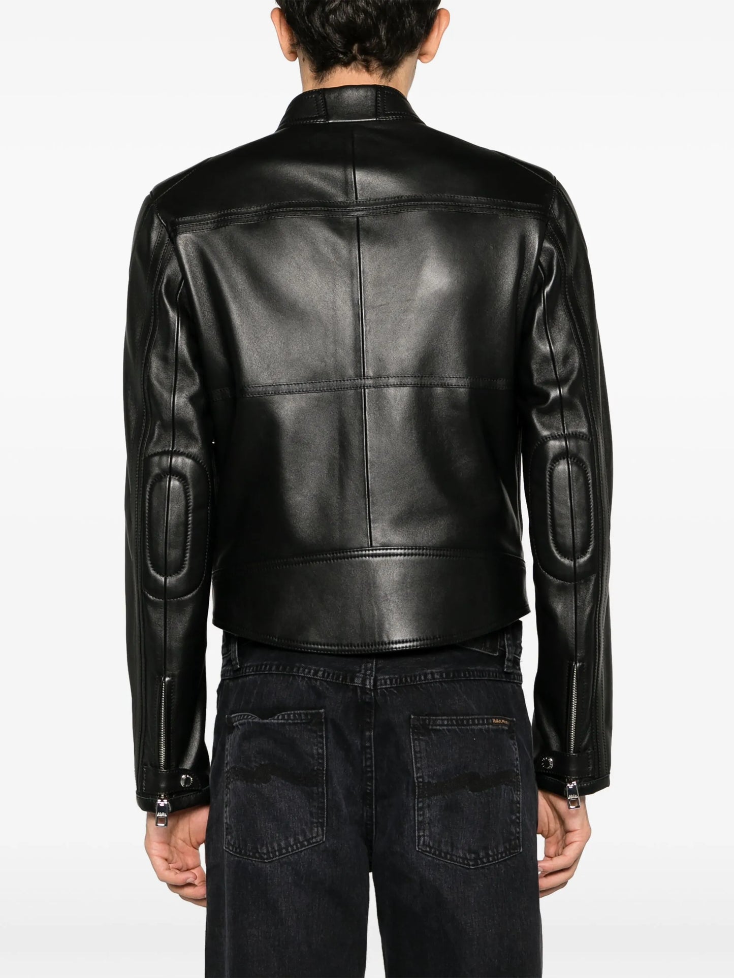 zip-up leather biker jacket