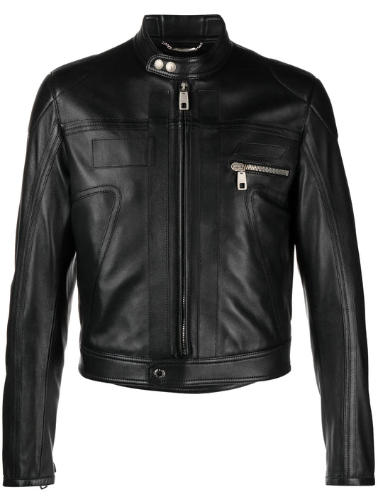 zip-up leather biker jacket