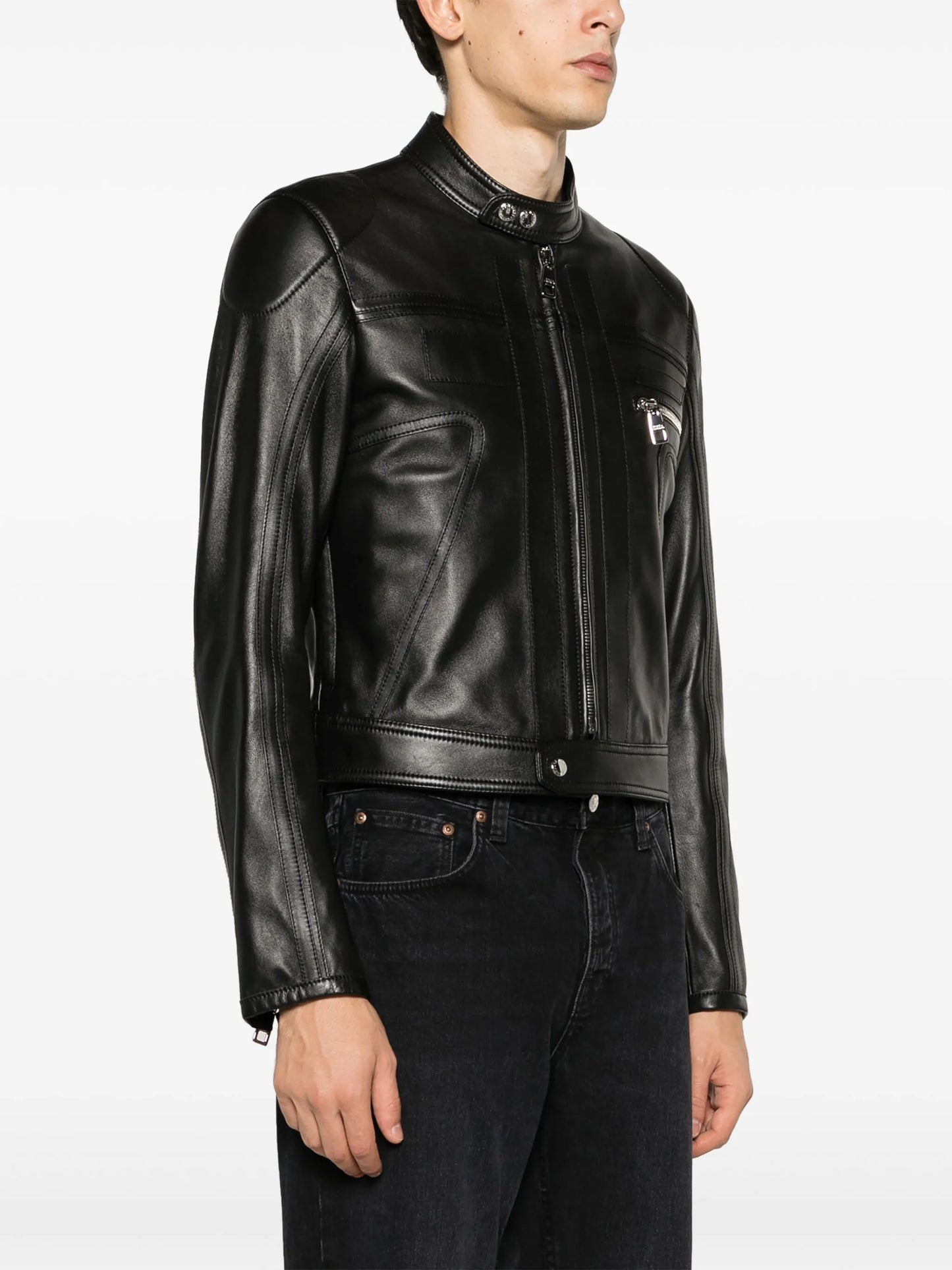 zip-up leather biker jacket