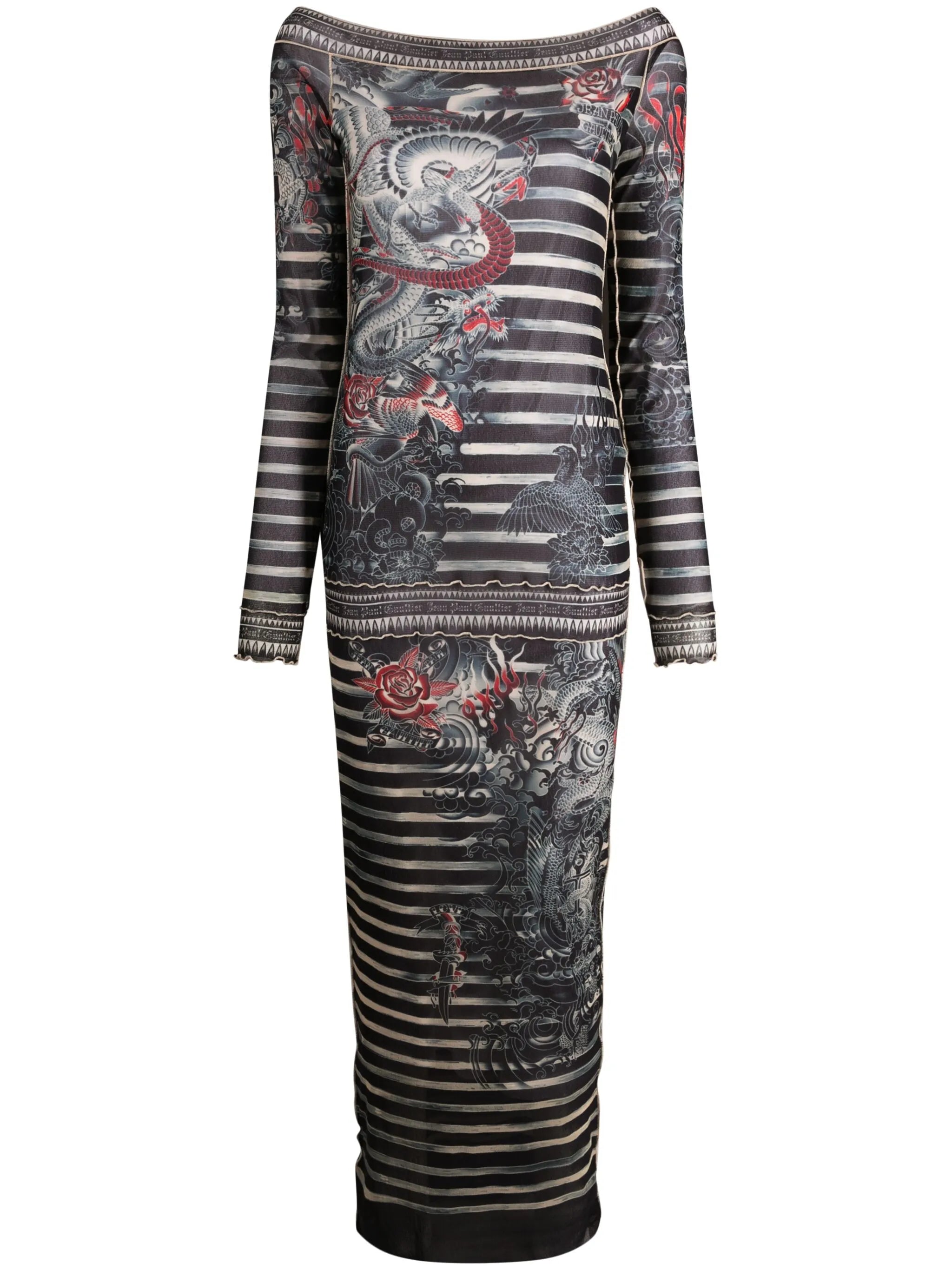 tatto-print striped maxi dress