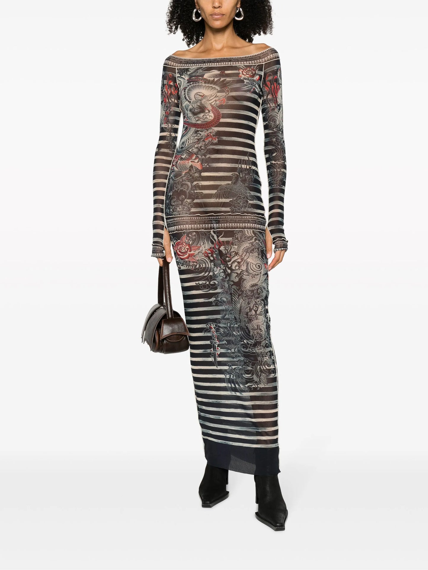 tatto-print striped maxi dress