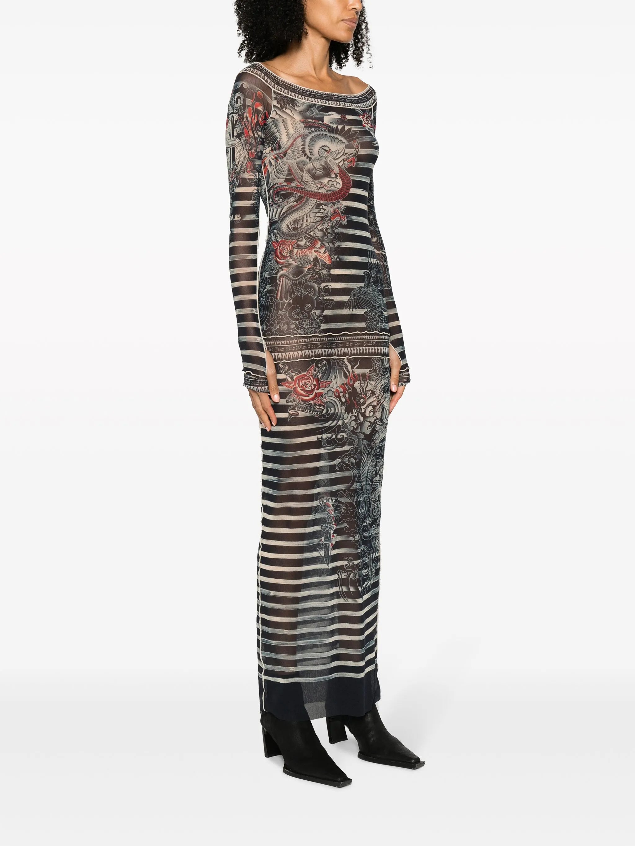 tatto-print striped maxi dress