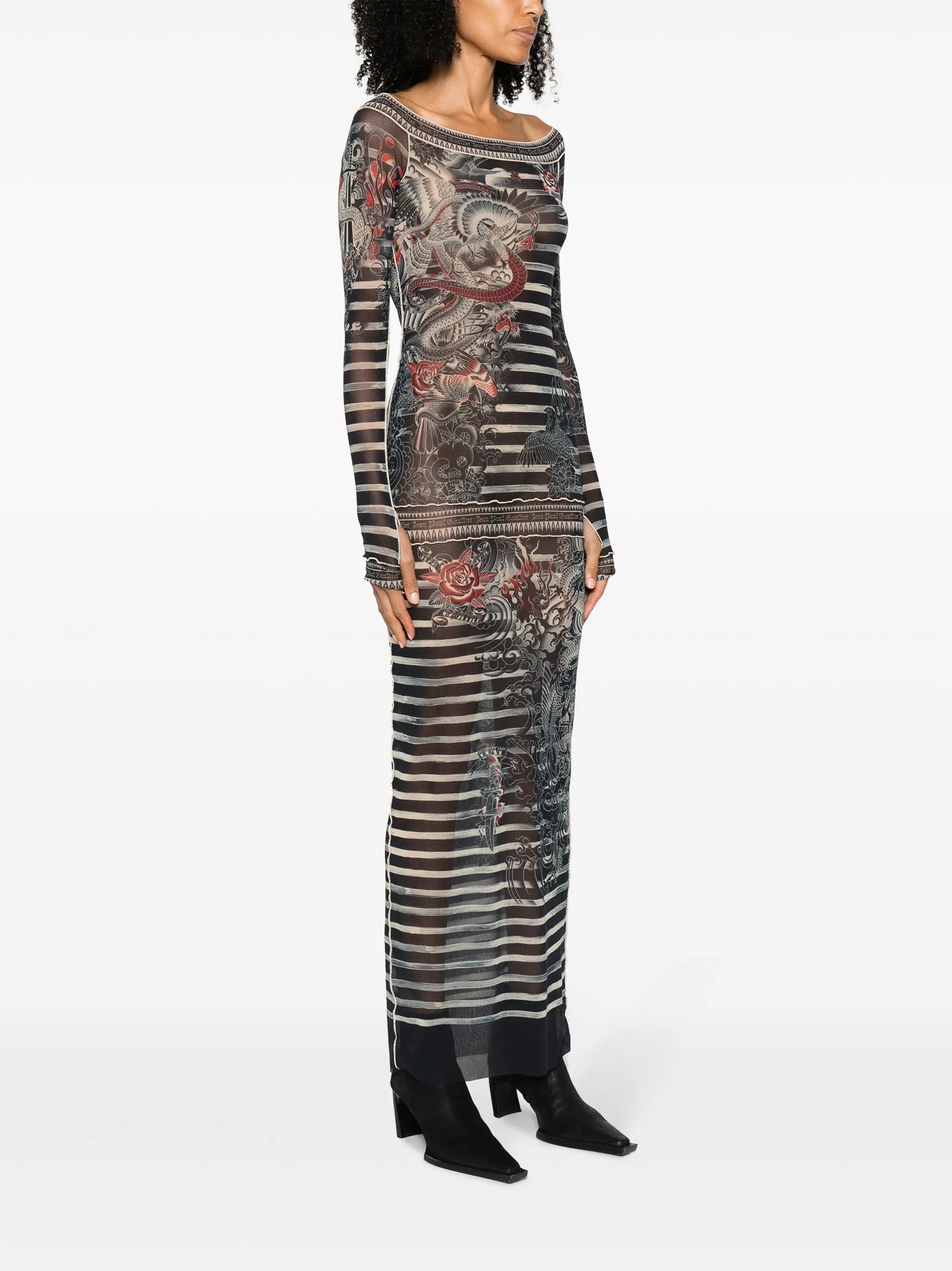 tatto-print striped maxi dress