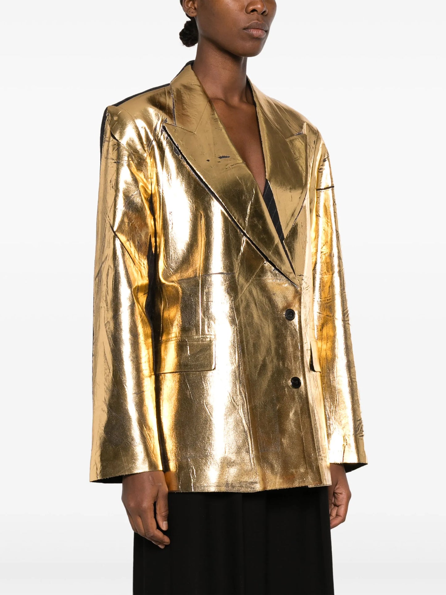 double-breasted metallic blazer