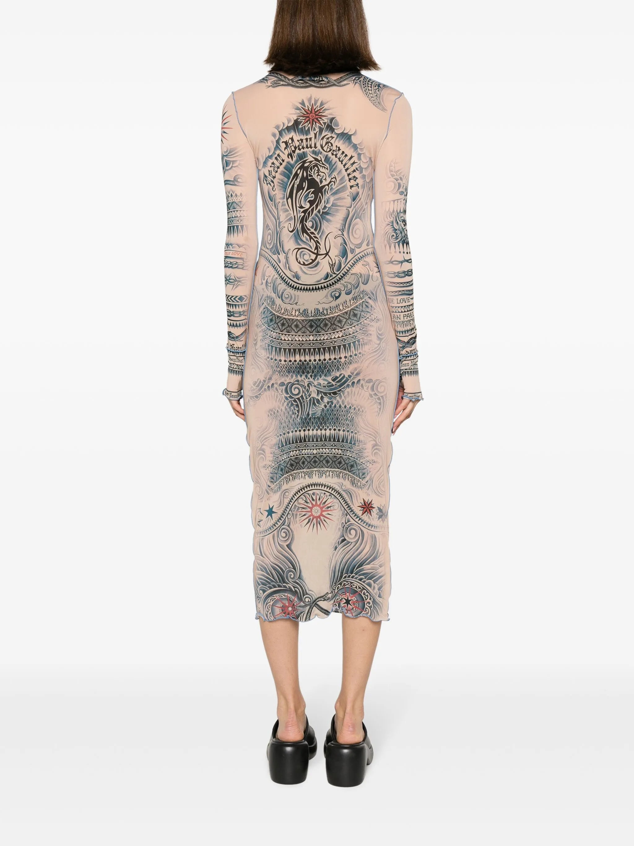 graphic-print mesh midi dress