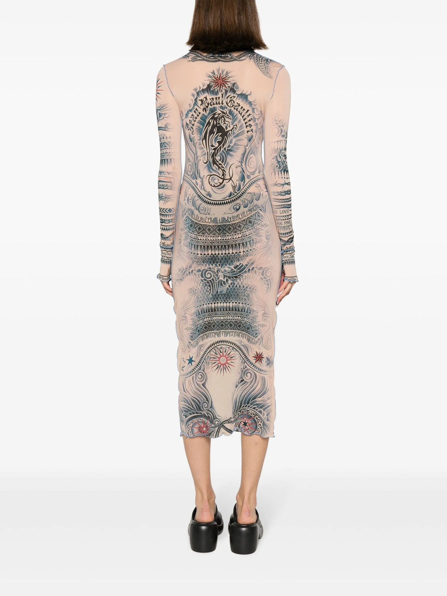 graphic-print mesh midi dress