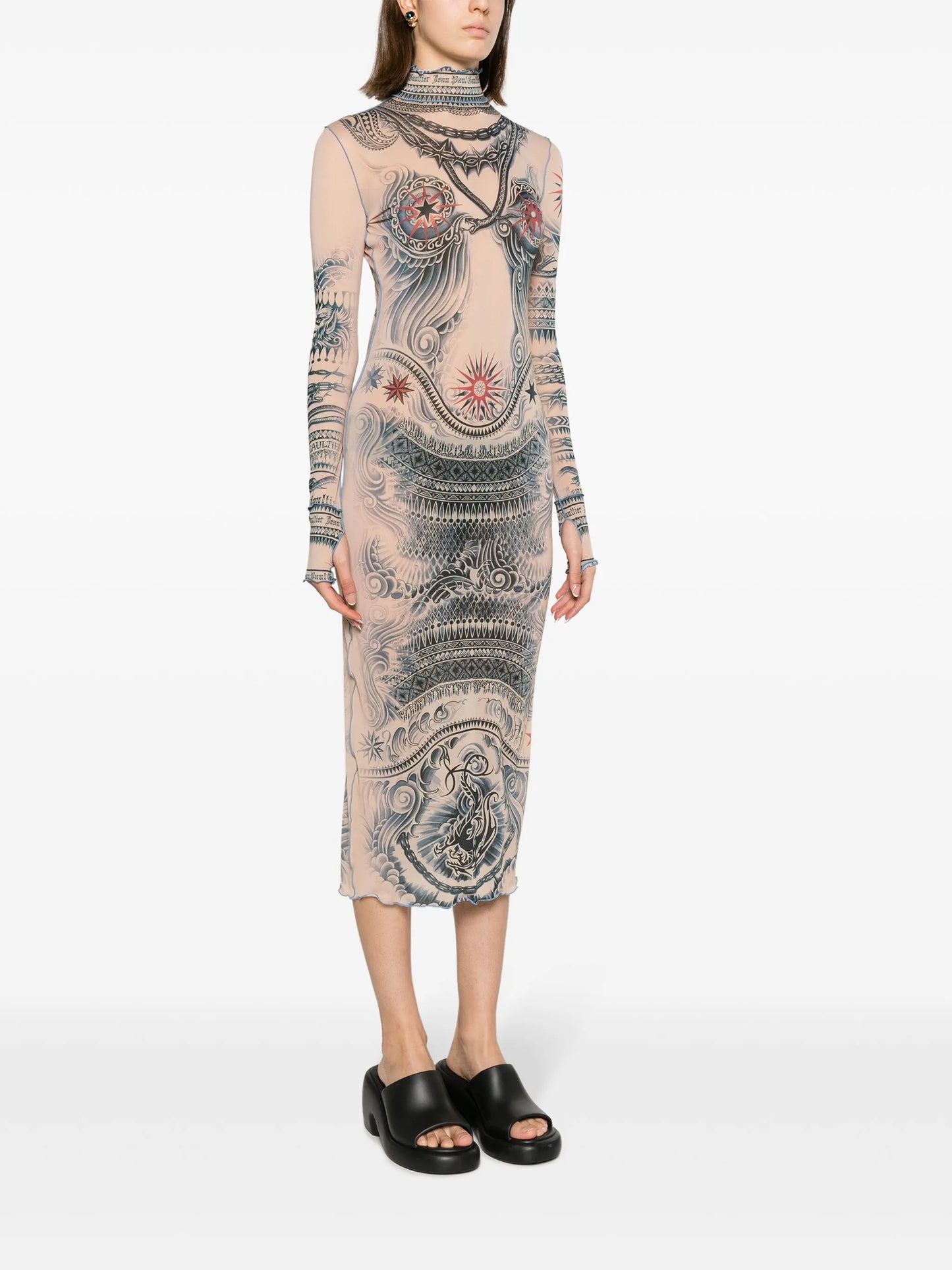 graphic-print mesh midi dress