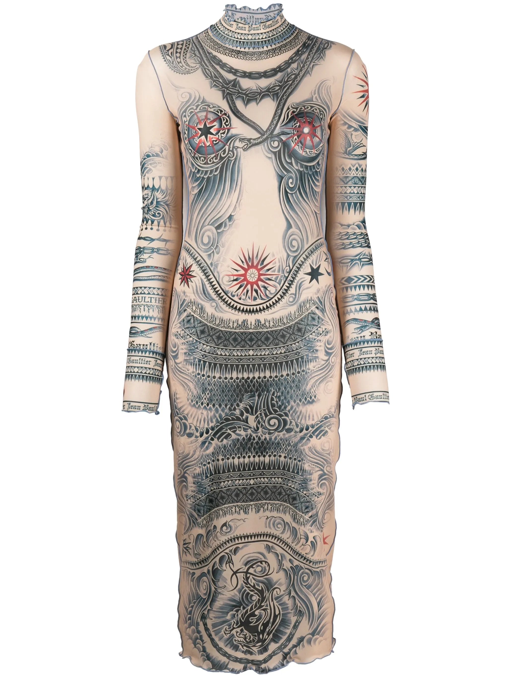 graphic-print mesh midi dress