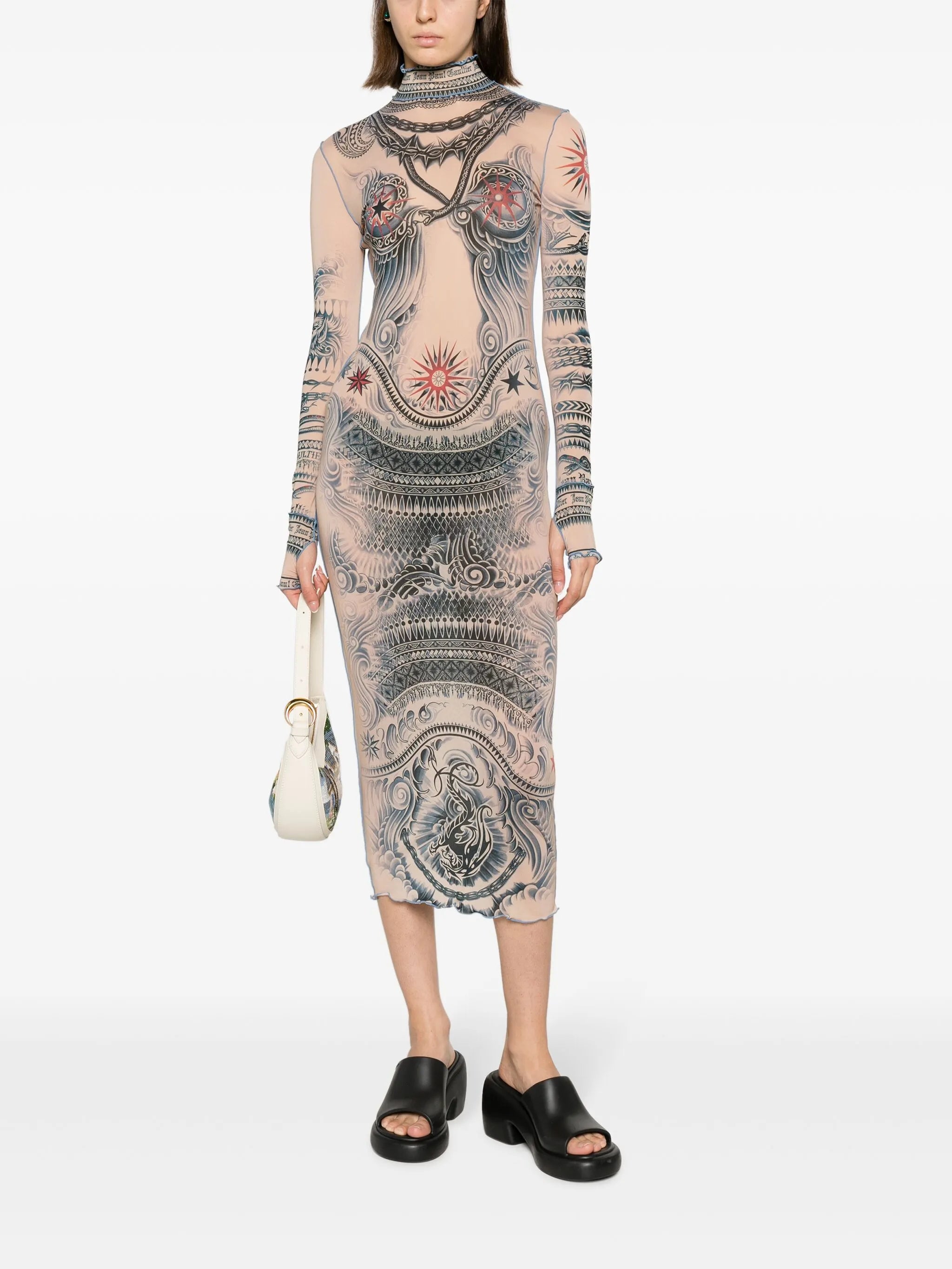graphic-print mesh midi dress