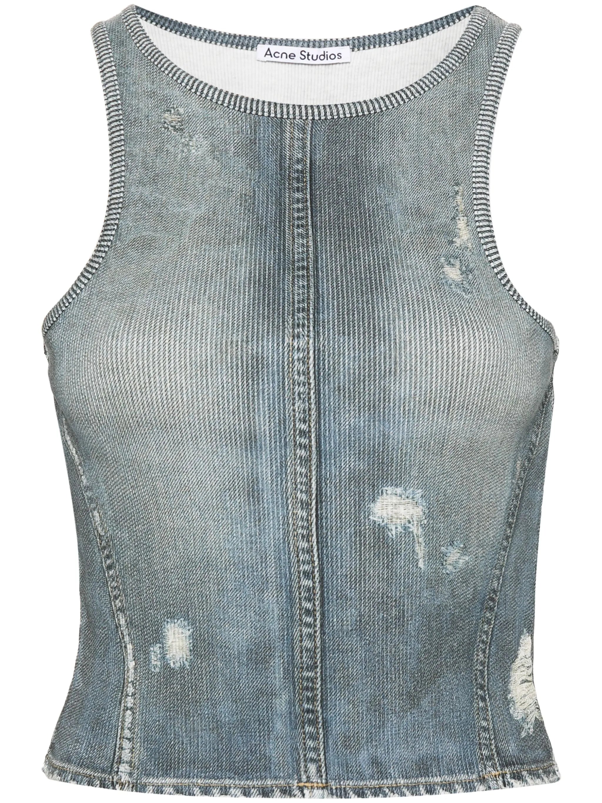 distressed denim-effect cotton top