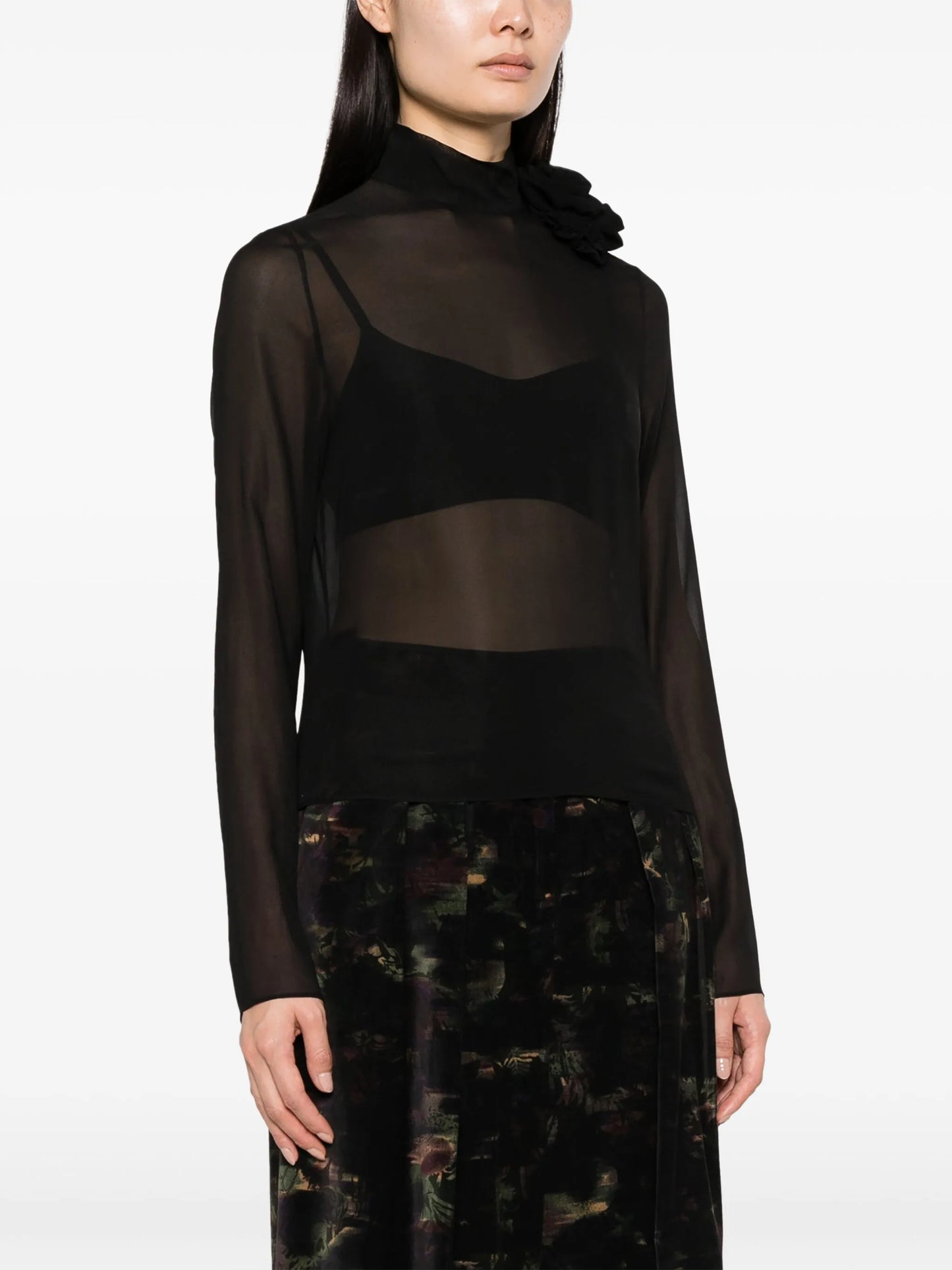 floral-appliqué semi-sheer silk top