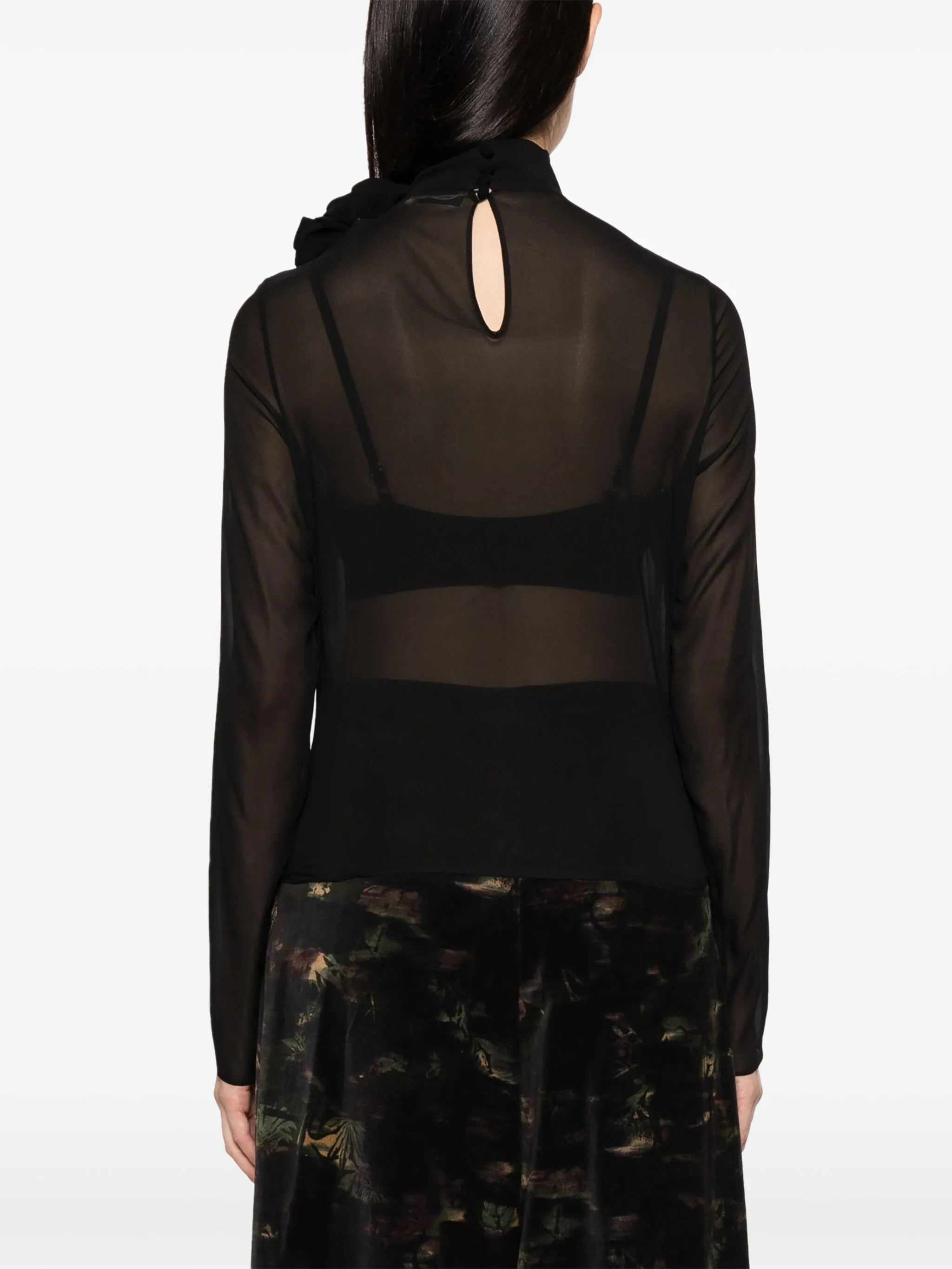 floral-appliqué semi-sheer silk top