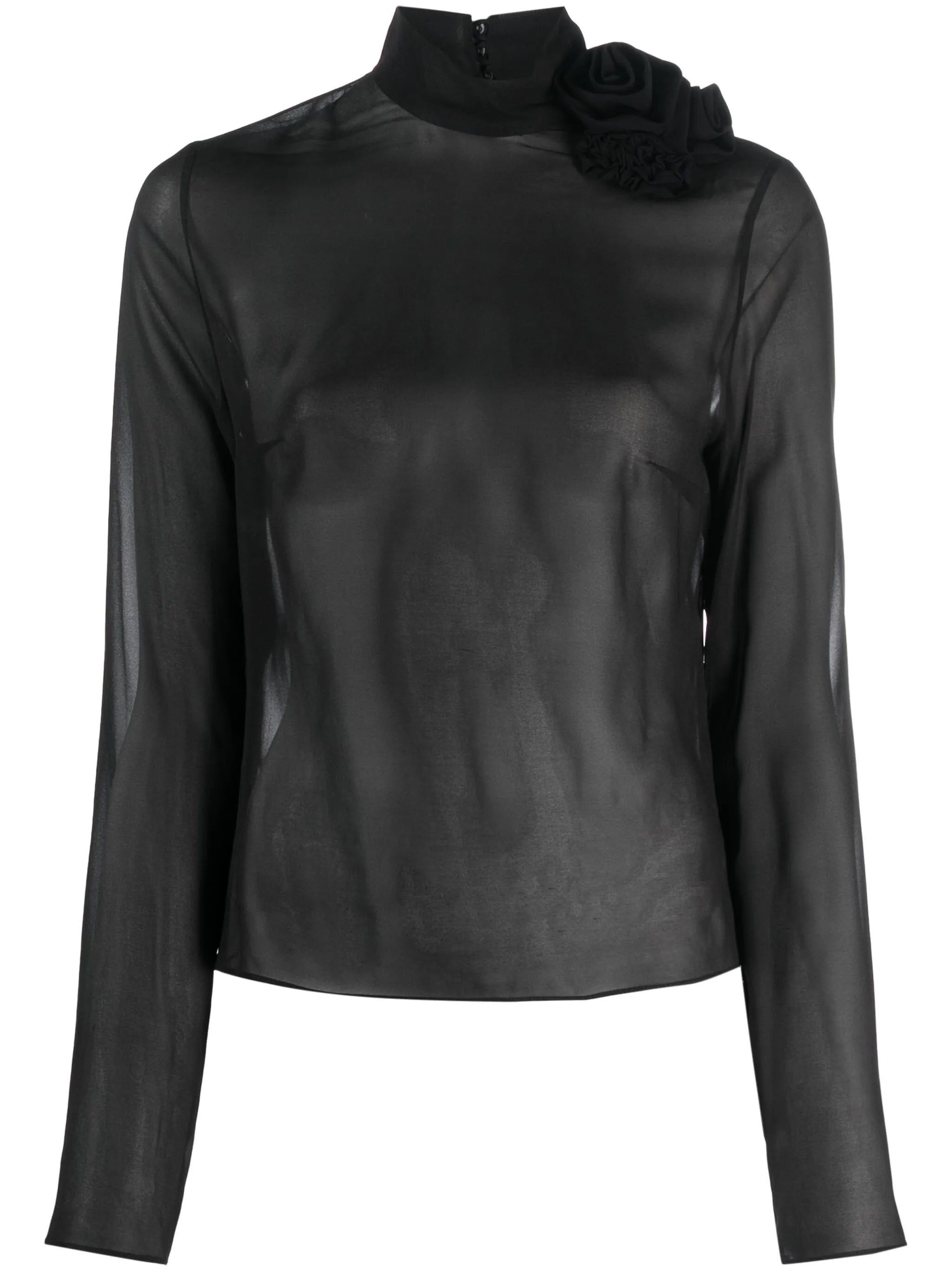 floral-appliqué semi-sheer silk top