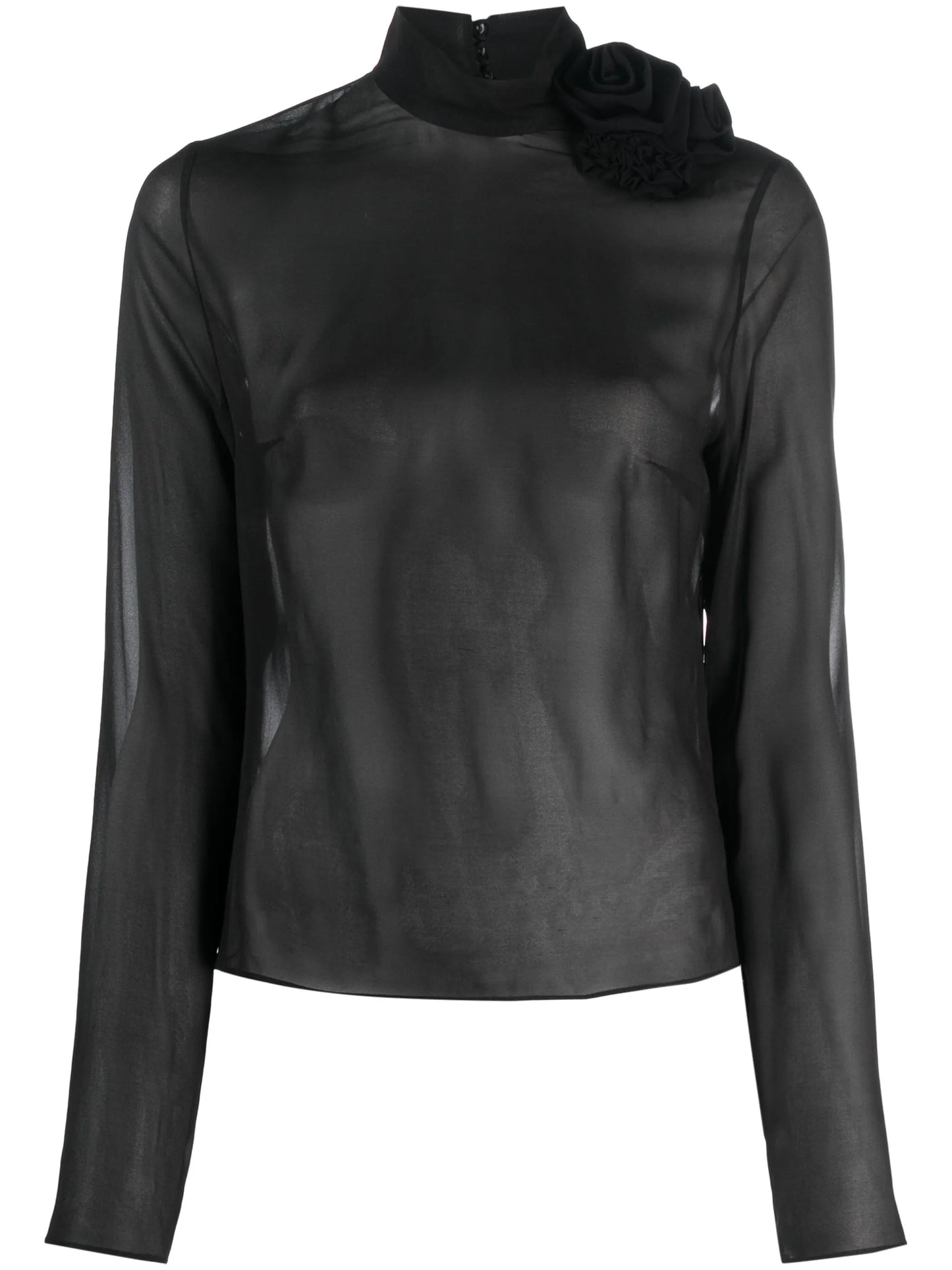 floral-appliqué semi-sheer silk top