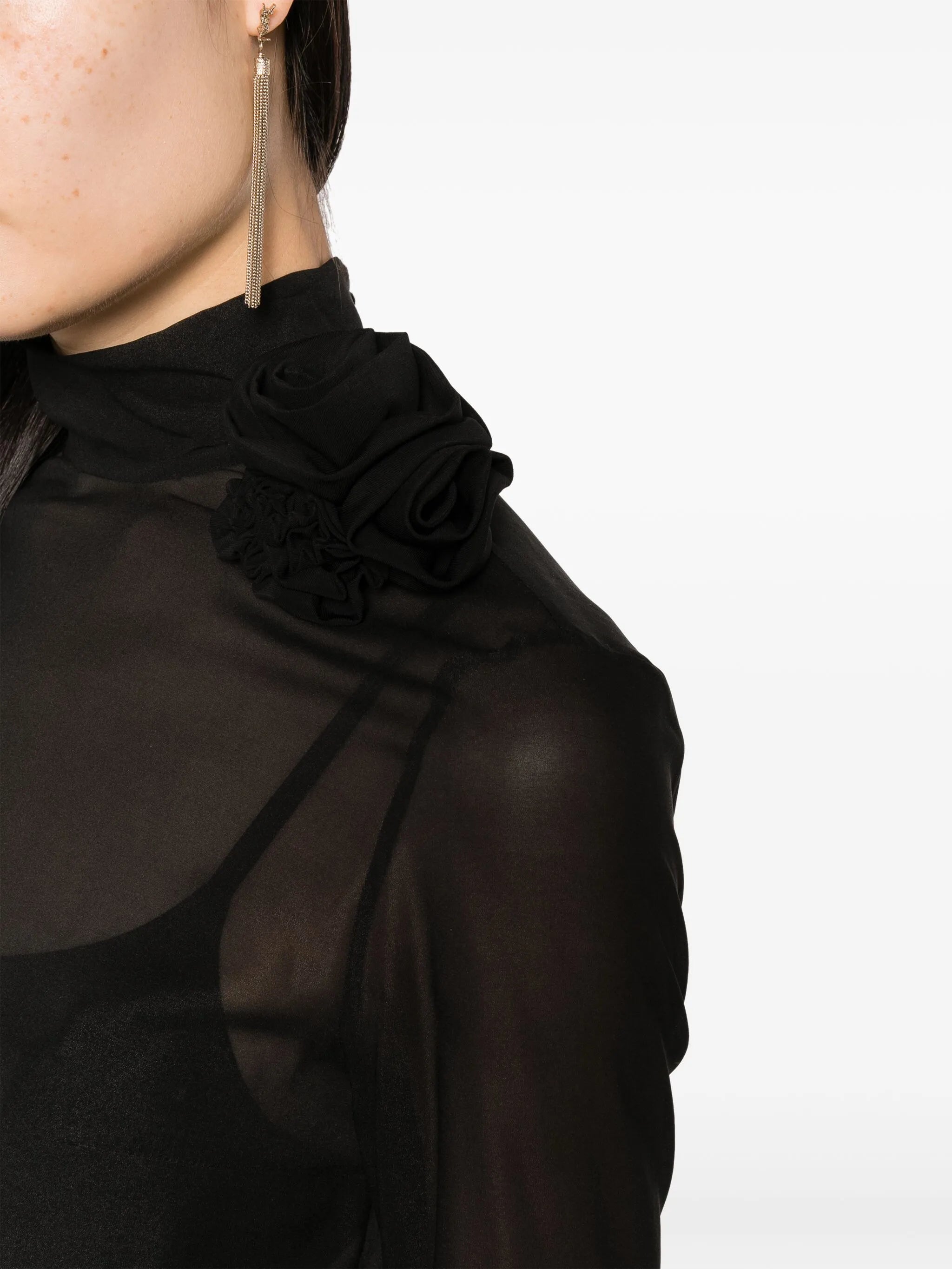floral-appliqué semi-sheer silk top