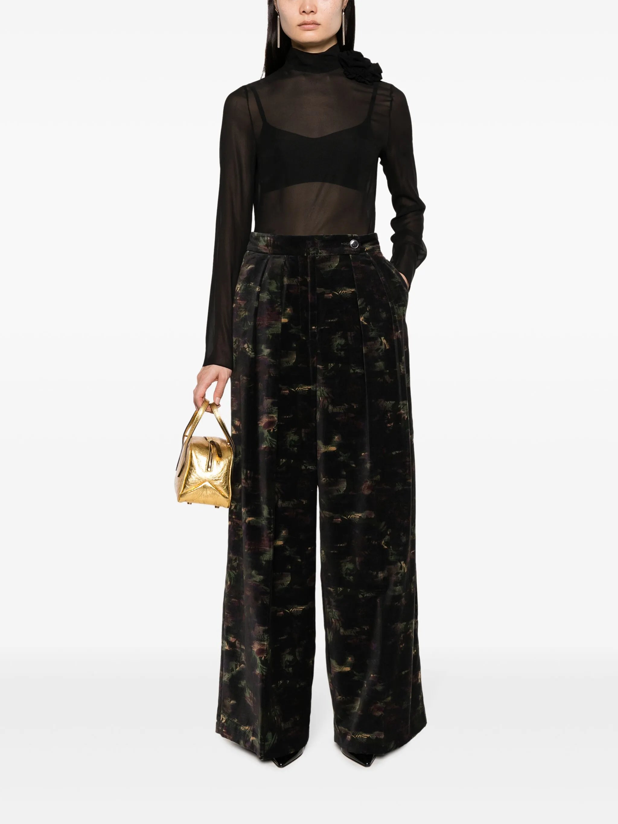 floral-appliqué semi-sheer silk top