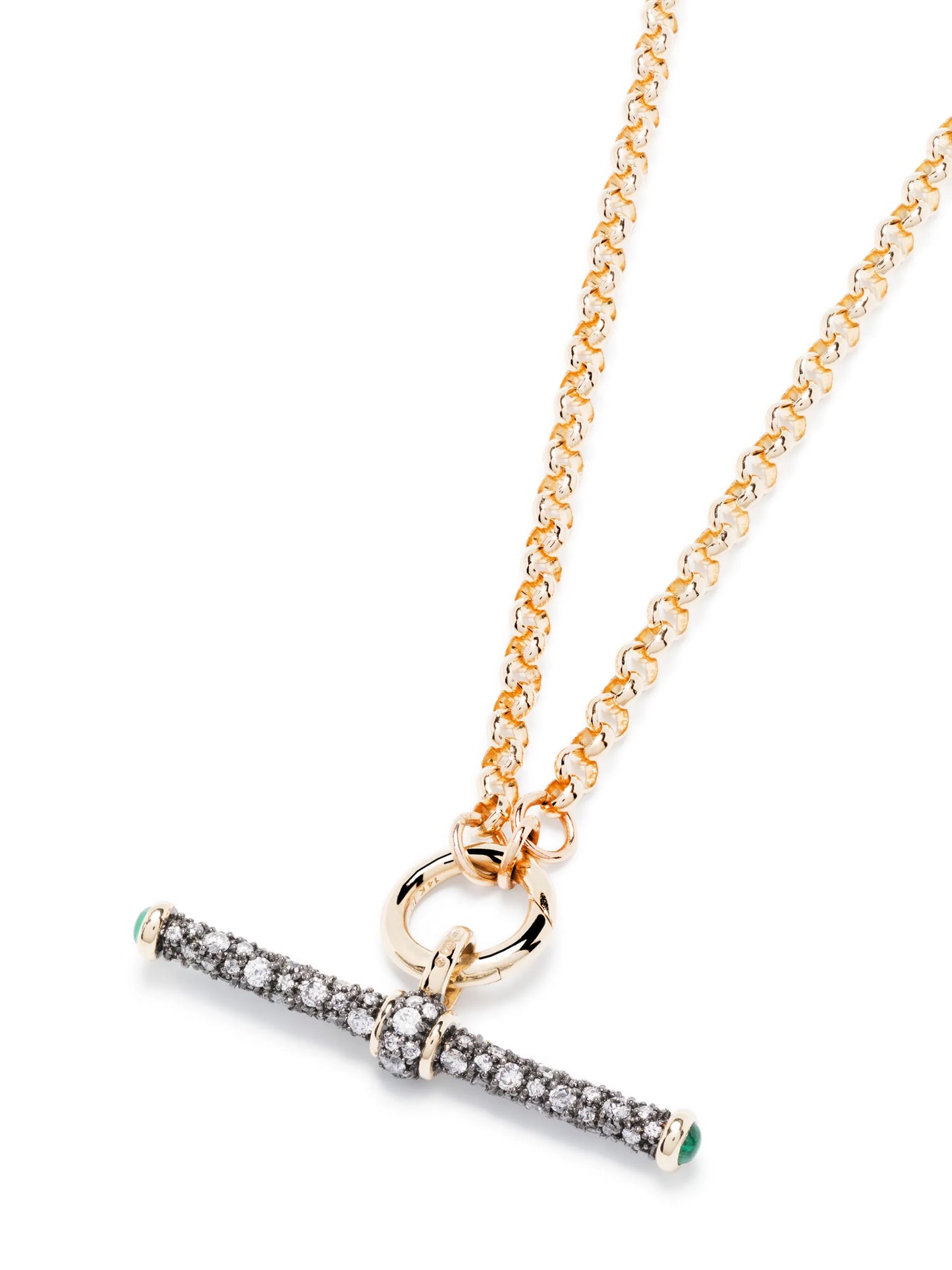 14kt yellow gold diamond and emerald T-bar necklace