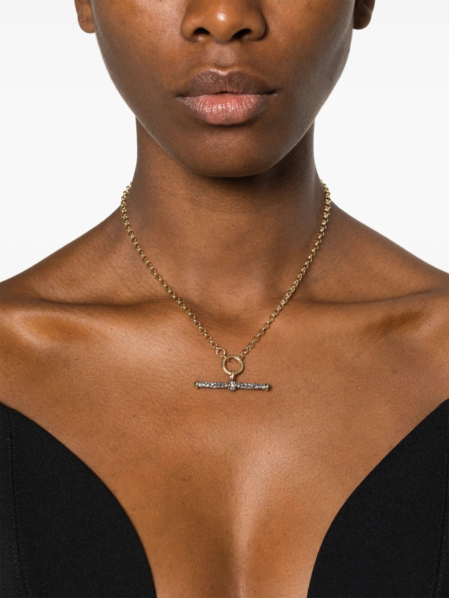 14kt yellow gold diamond and emerald T-bar necklace