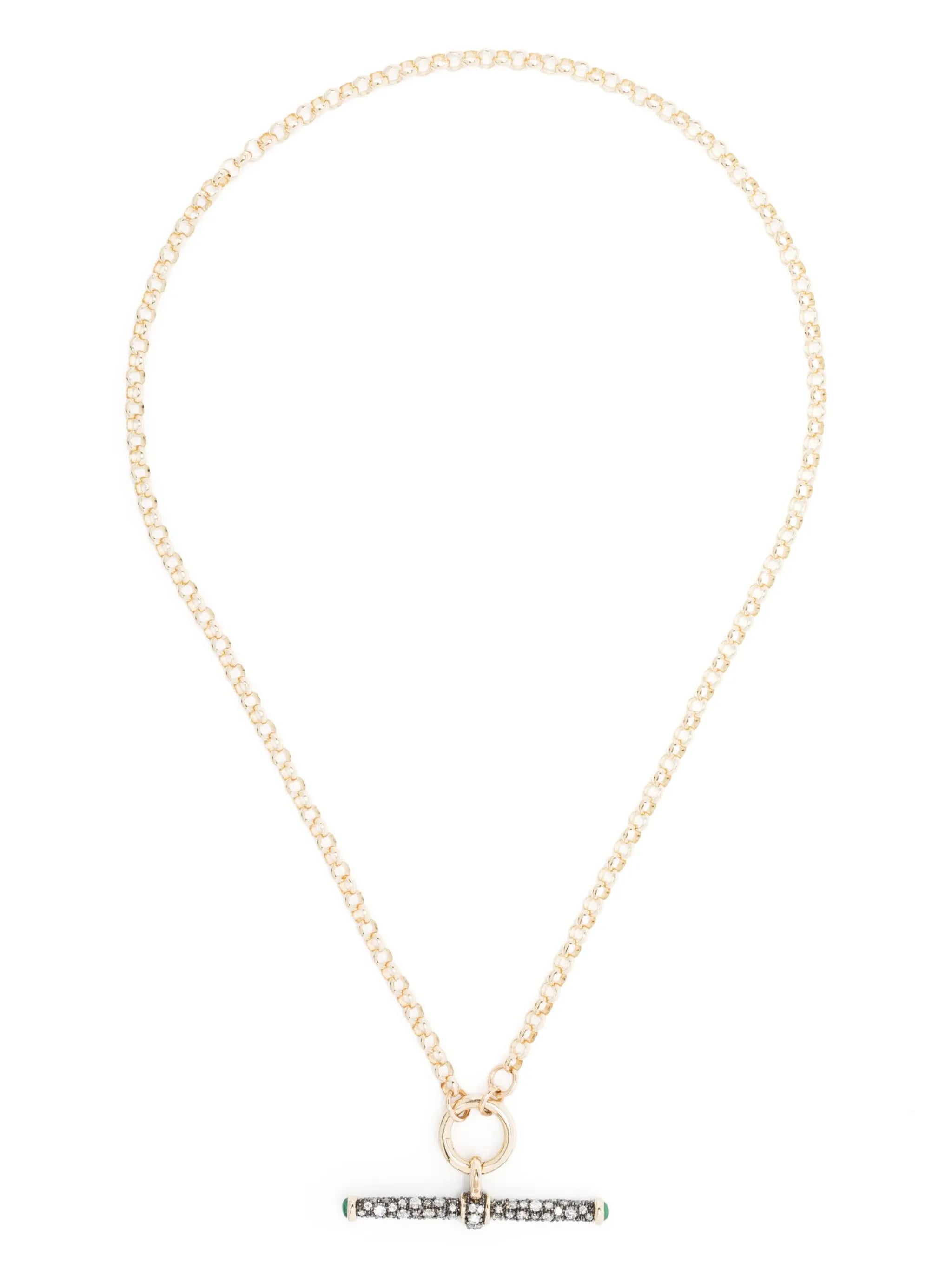 14kt yellow gold diamond and emerald T-bar necklace