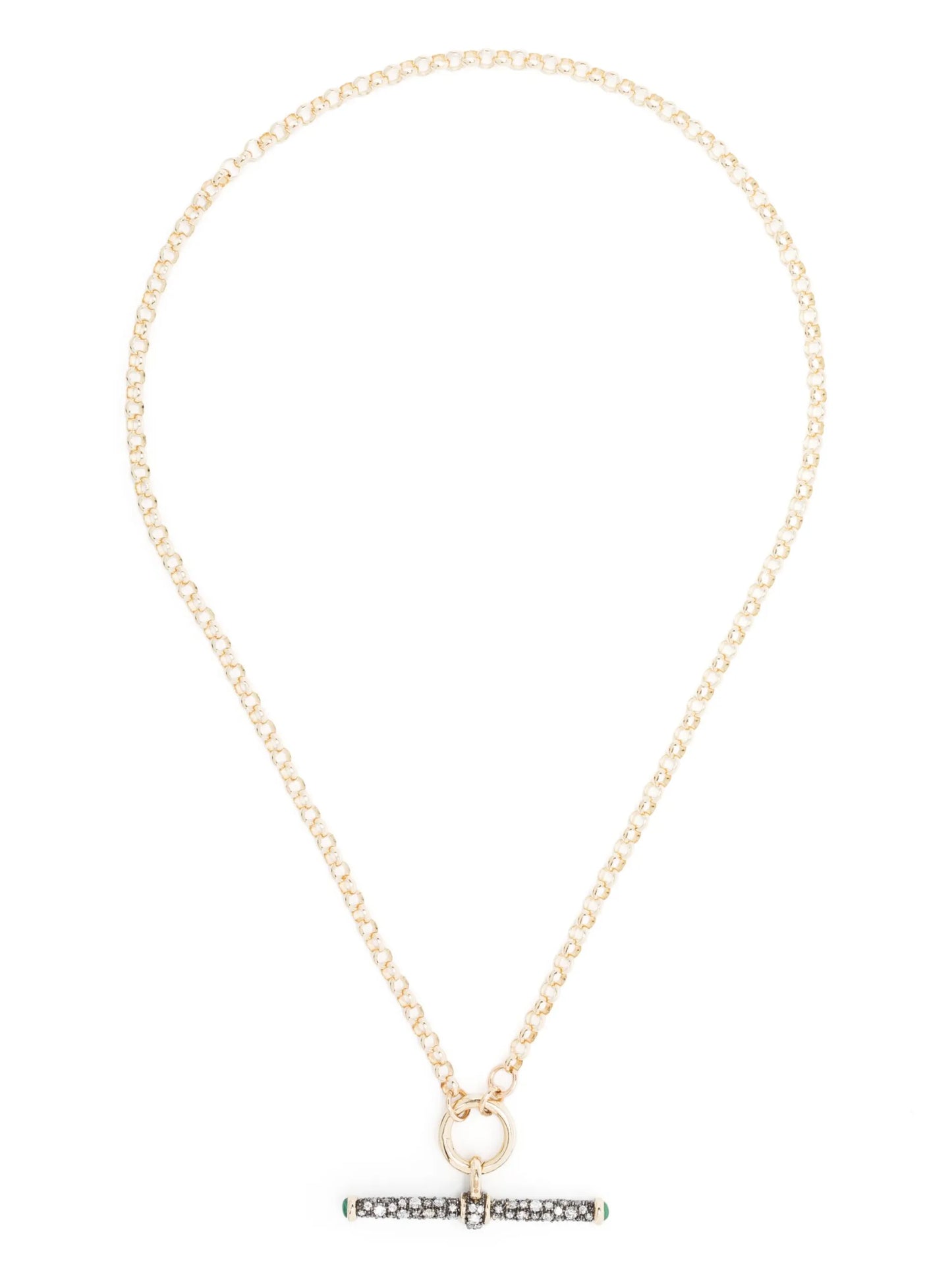 14kt yellow gold diamond and emerald T-bar necklace