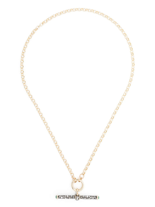 14kt yellow gold diamond and emerald T-bar necklace