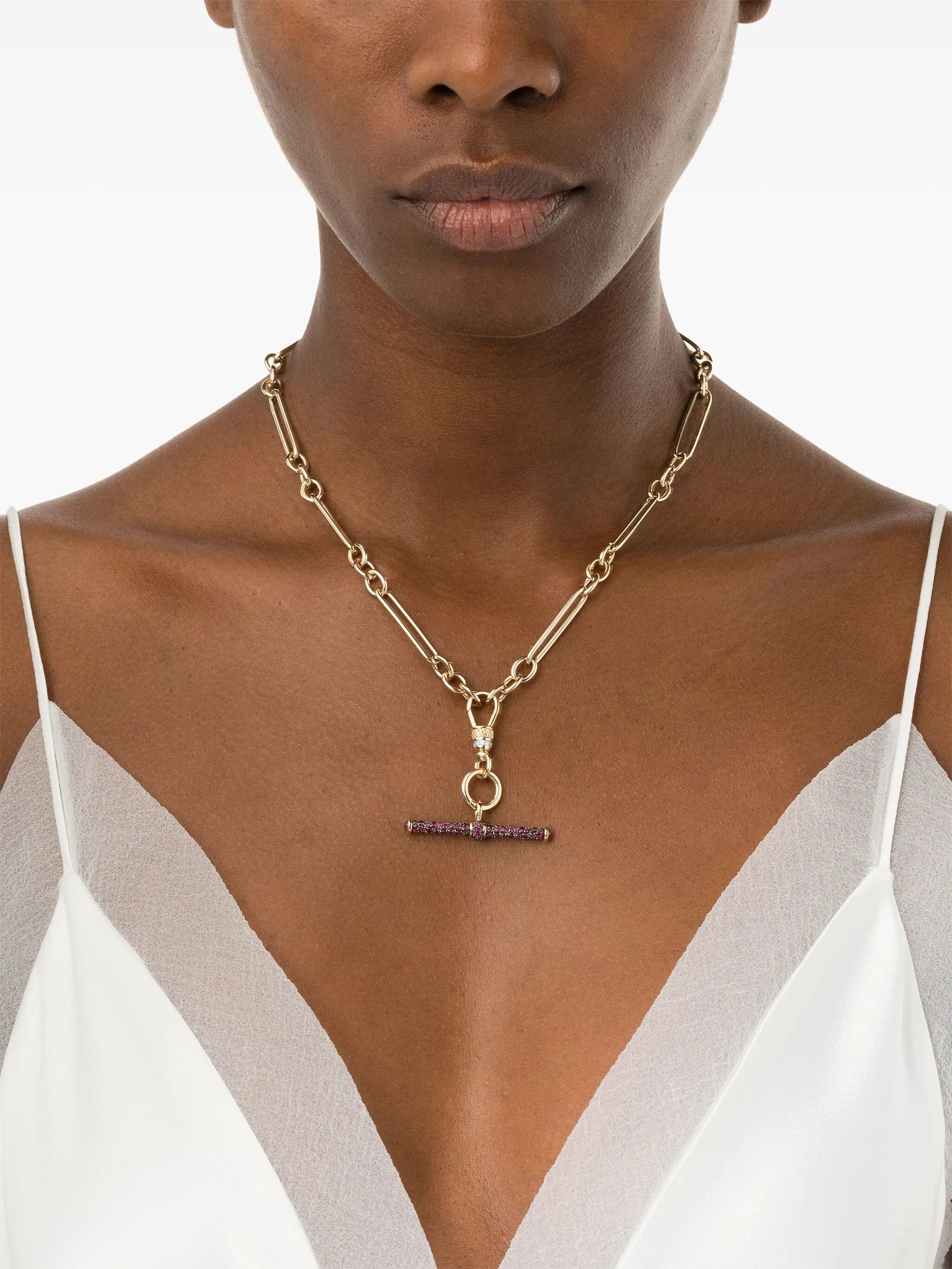 14kt yellow gold ruby T-bar necklace
