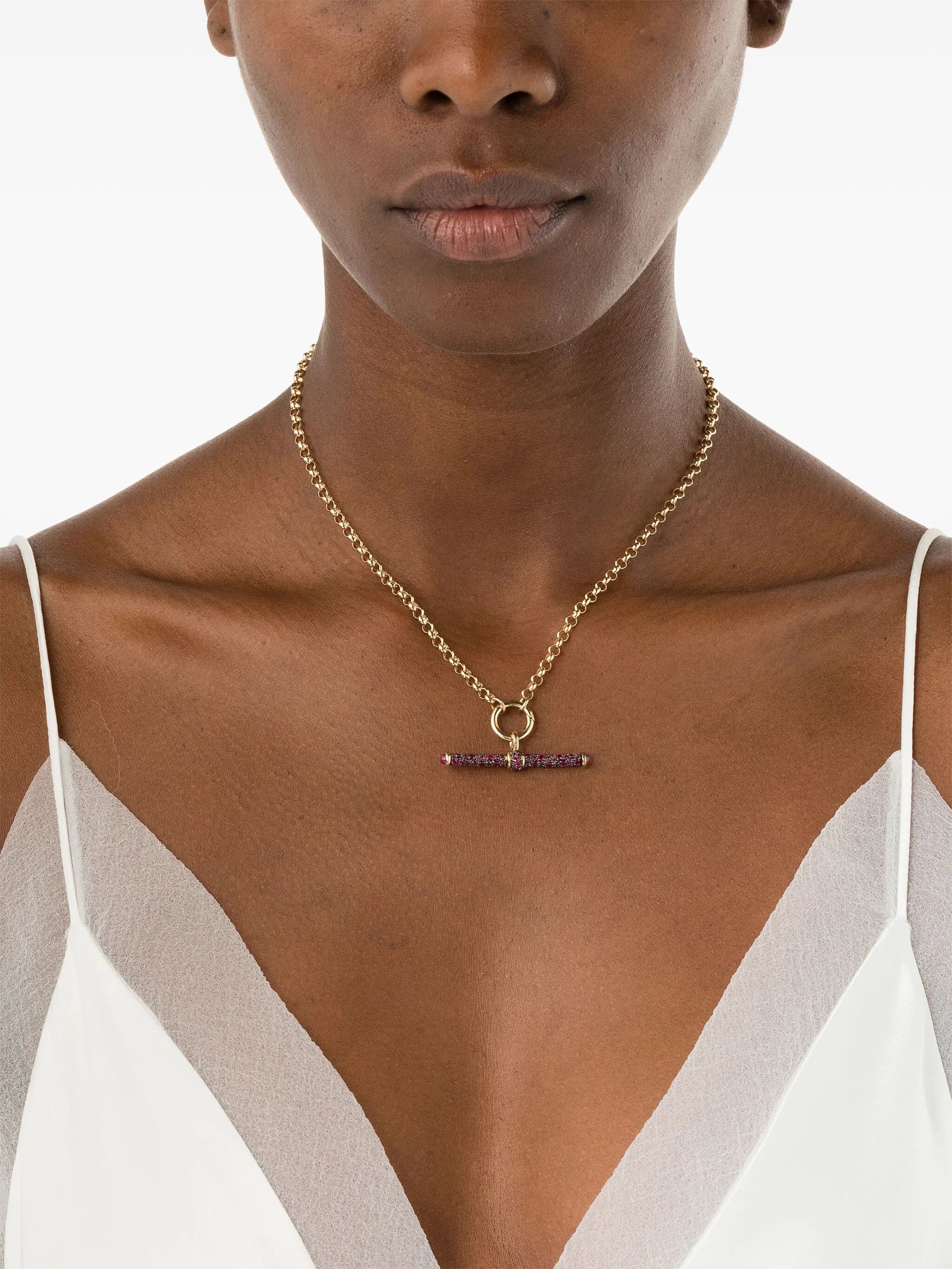 14kt yellow gold ruby T-bar necklace