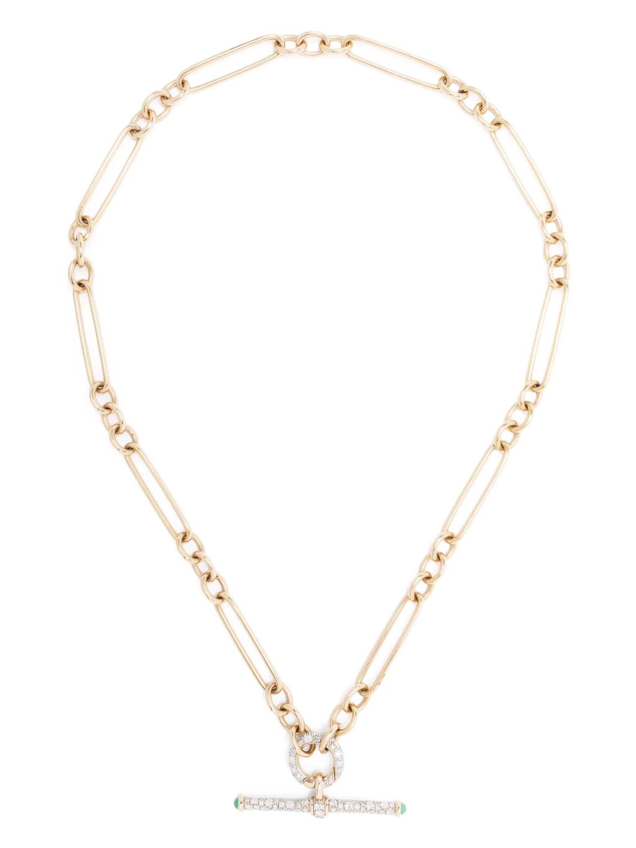 14kt yellow gold diamond and emerald T-bar necklace
