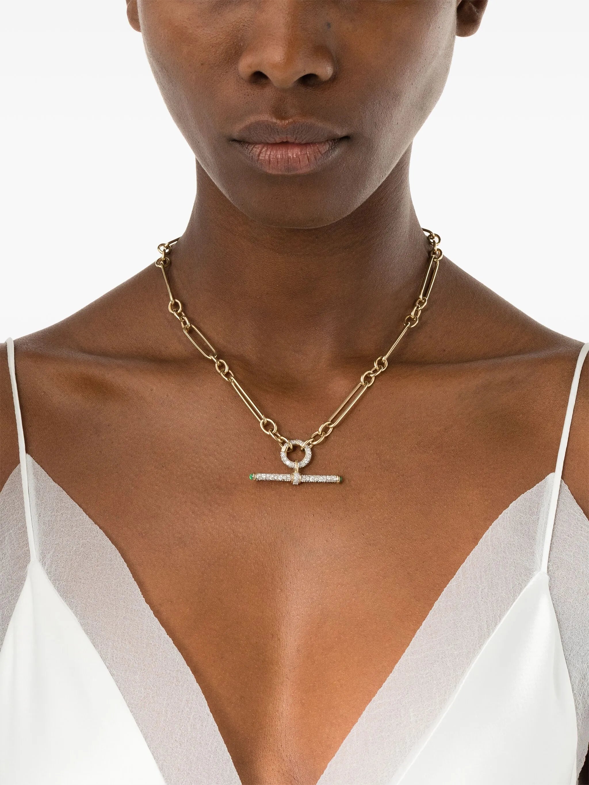 14kt yellow gold diamond and emerald T-bar necklace