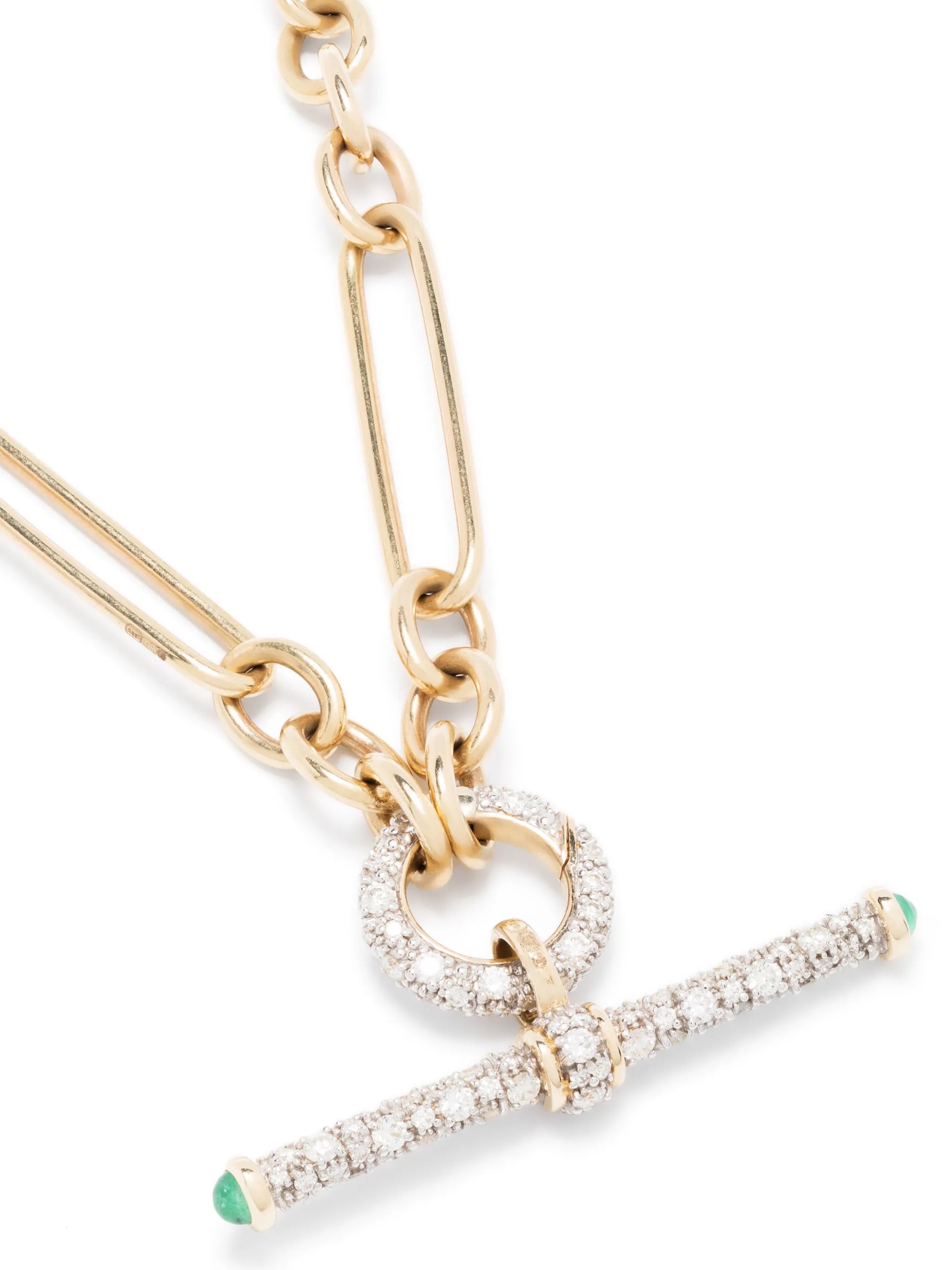14kt yellow gold diamond and emerald T-bar necklace